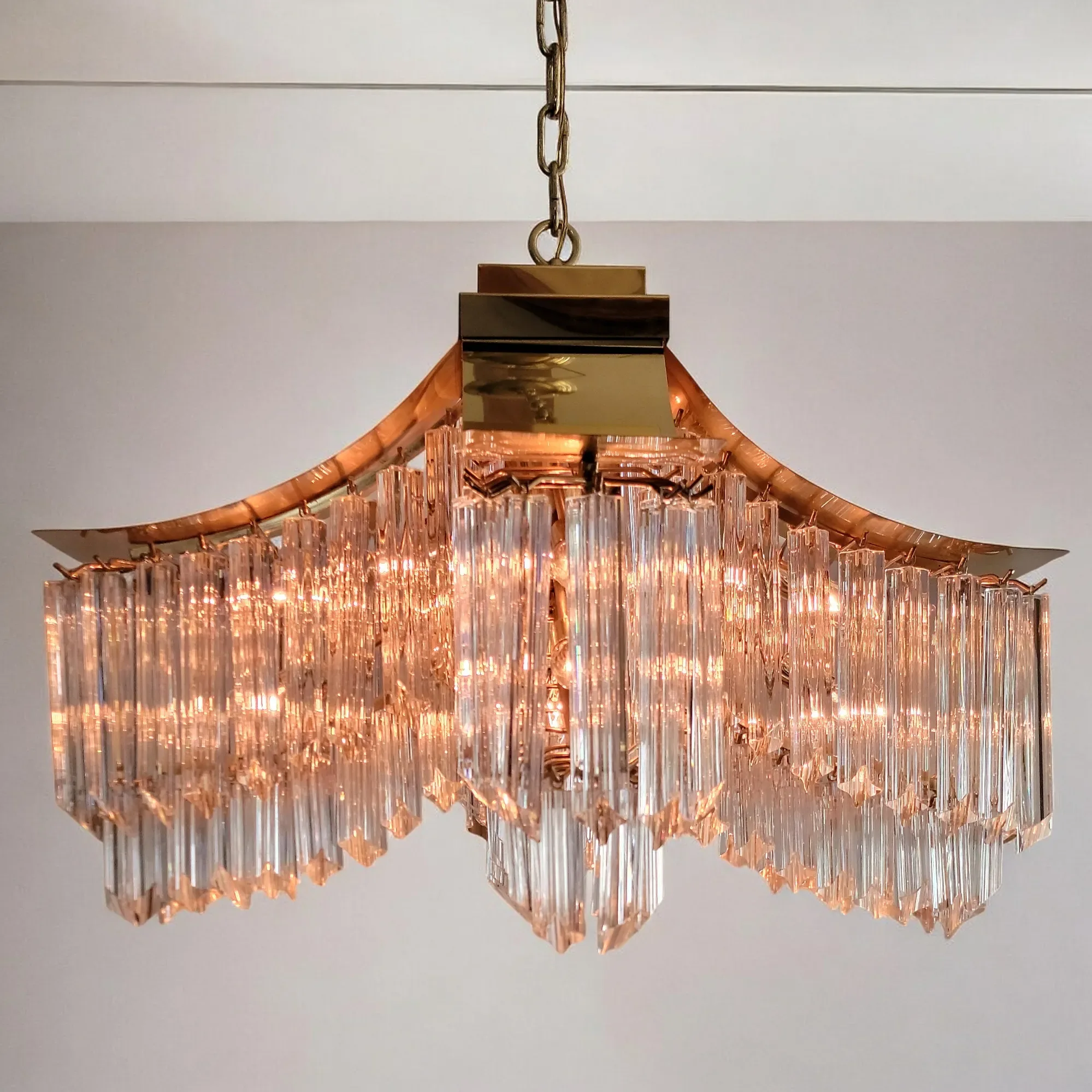 Vintage Large Brass and Venini Murano Glass Pagoda Chandelier - View 4