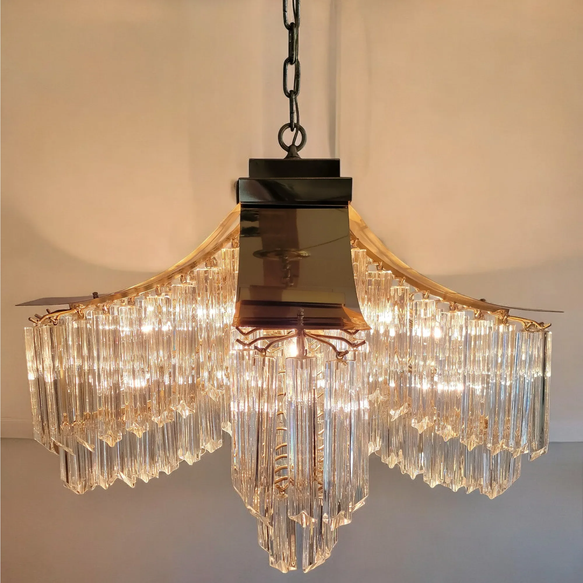 Vintage Large Brass and Venini Murano Glass Pagoda Chandelier - View 5