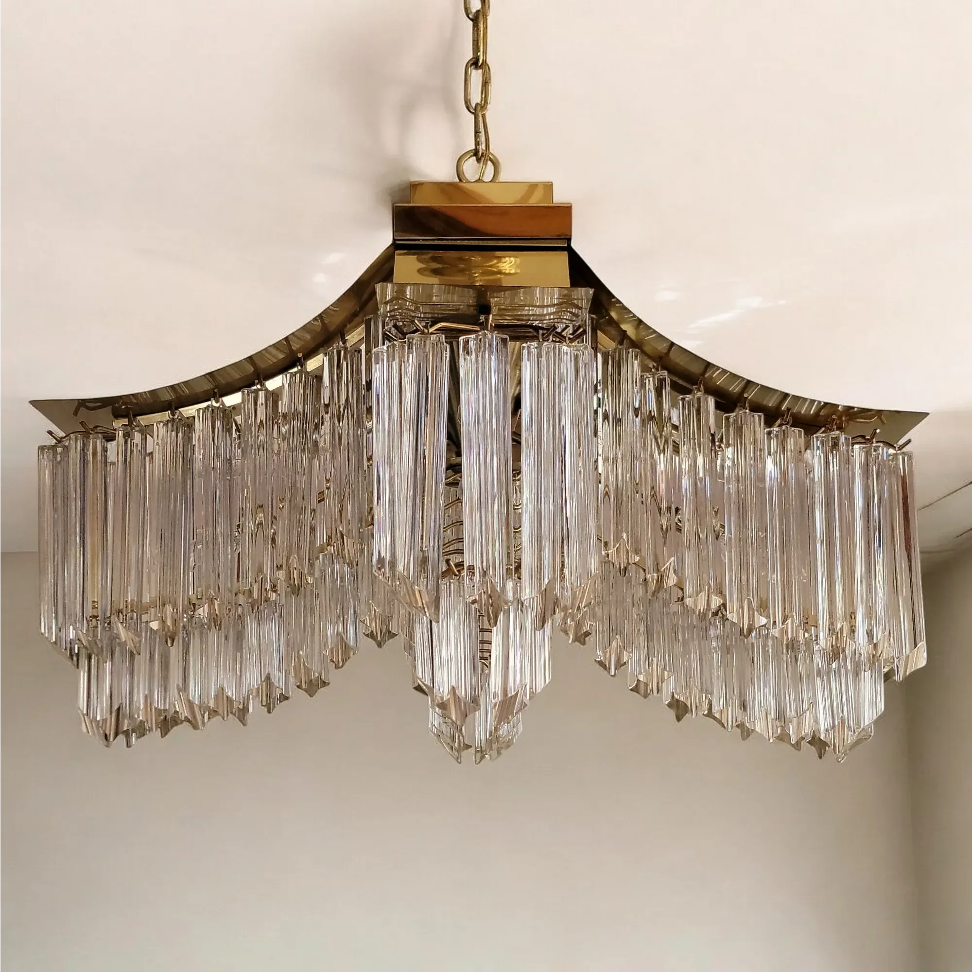 Vintage Large Brass and Venini Murano Glass Pagoda Chandelier - View 6
