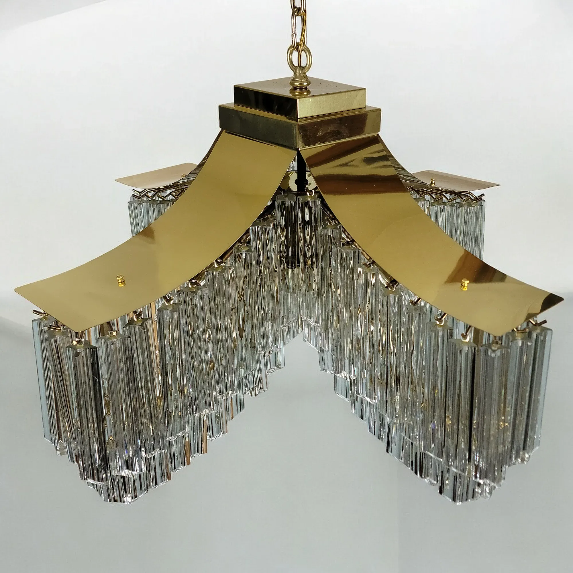 Vintage Large Brass and Venini Murano Glass Pagoda Chandelier - View 8