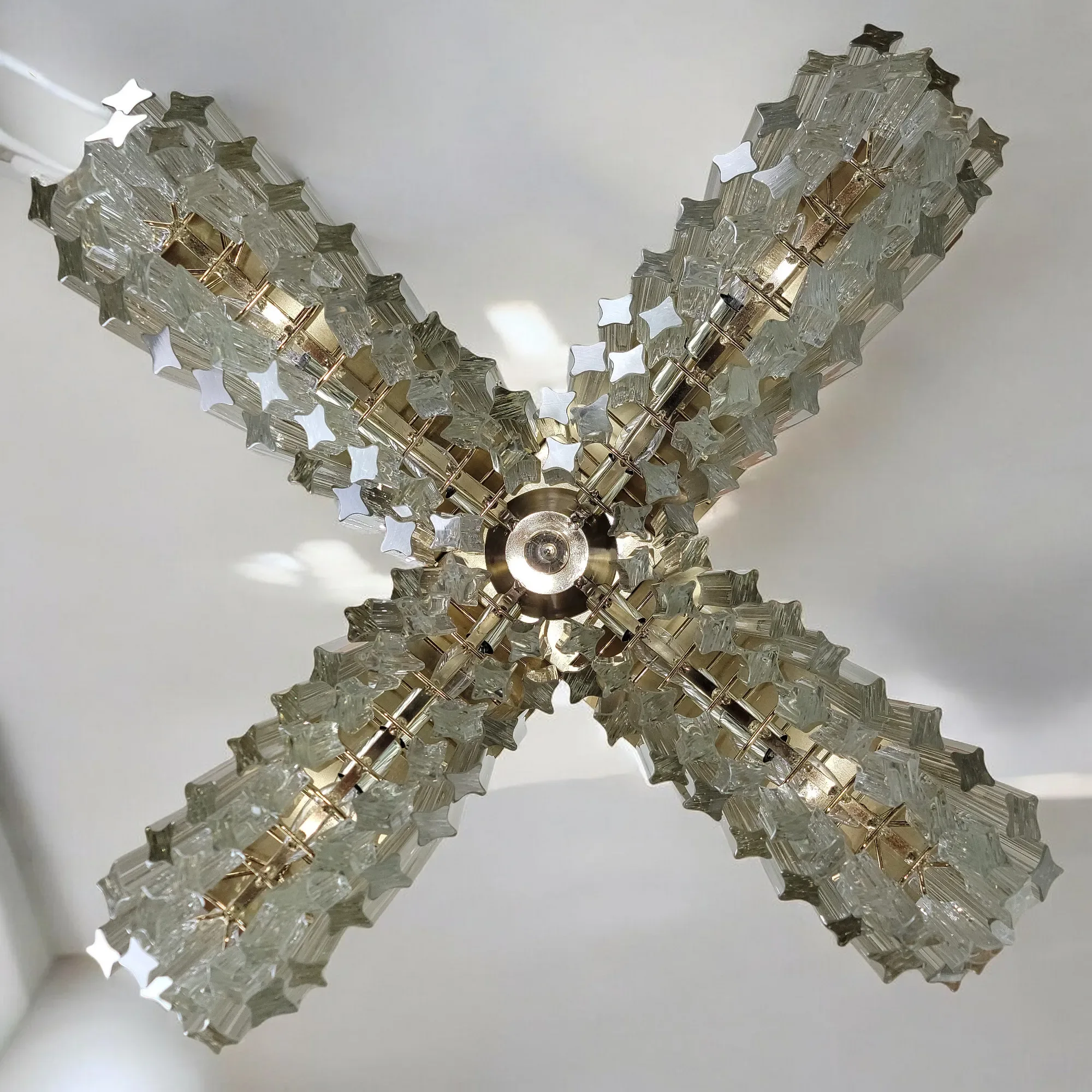 Vintage Large Brass and Venini Murano Glass Pagoda Chandelier - View 9