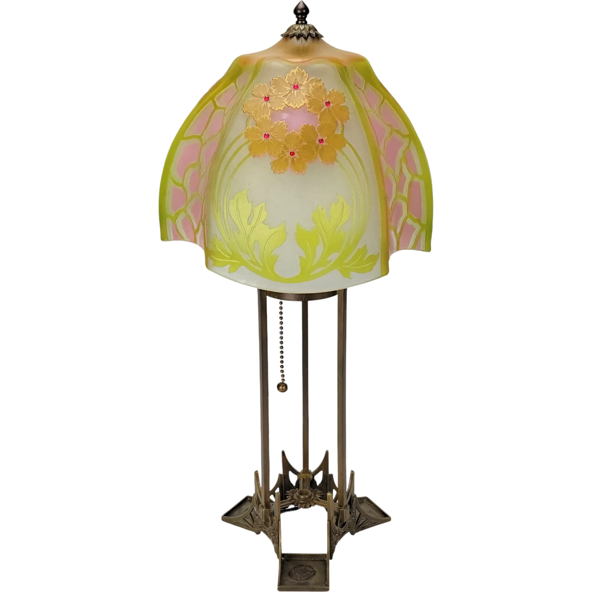 Antique Josef Riedel Bohemian Etched Art Glass & Brass Lamp