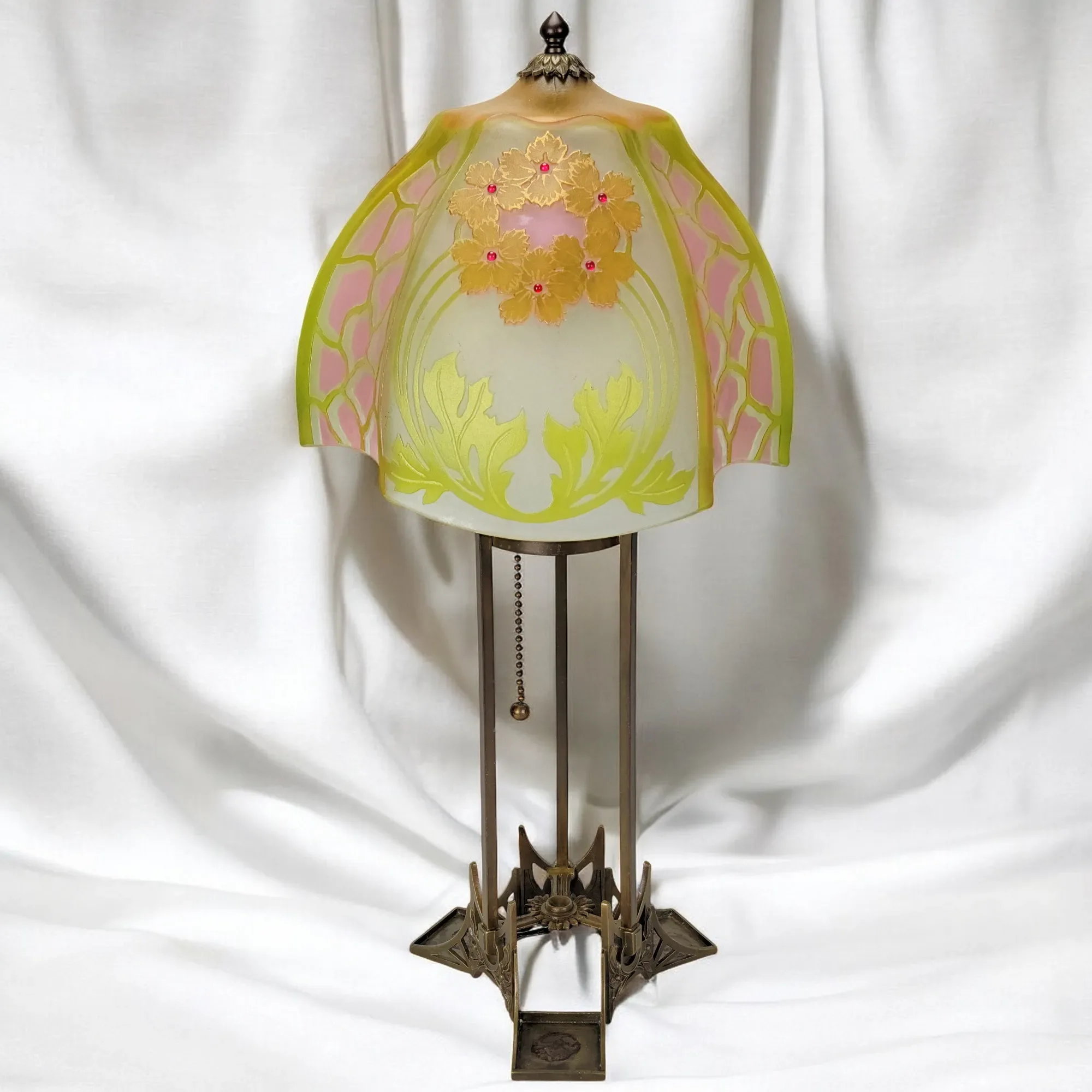 Antique Josef Riedel Bohemian Etched Art Glass & Brass Lamp - View 2