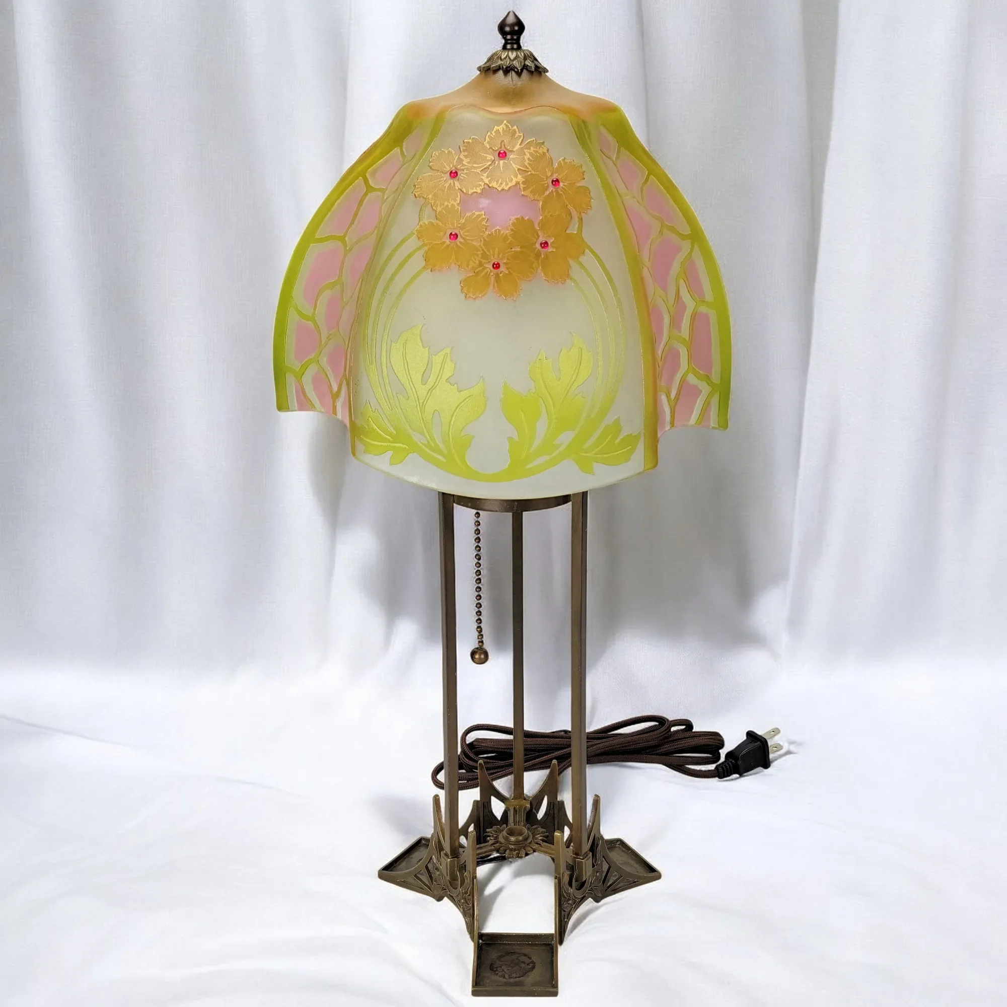 Antique Josef Riedel Bohemian Etched Art Glass & Brass Lamp - View 3