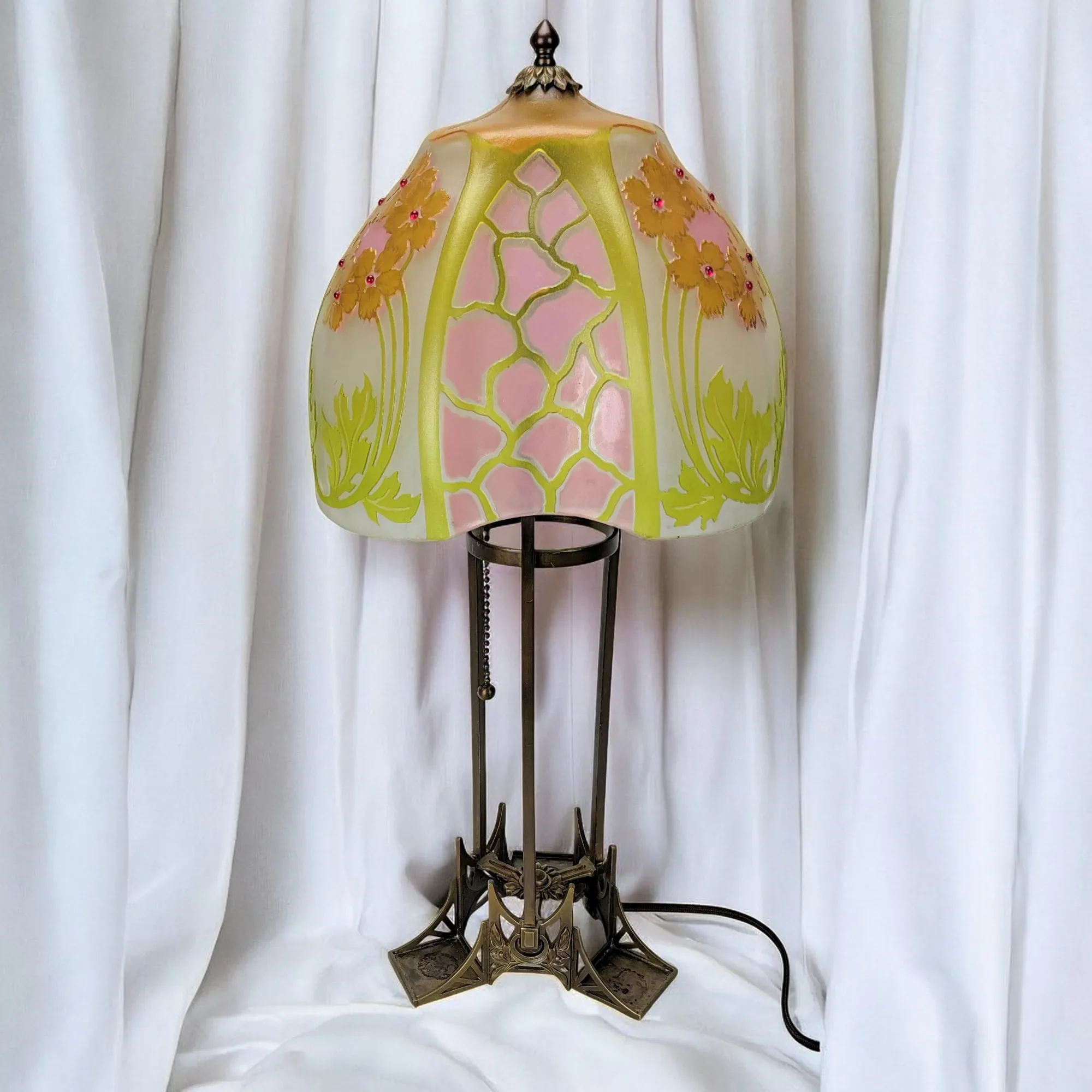 Antique Josef Riedel Bohemian Etched Art Glass & Brass Lamp - View 4