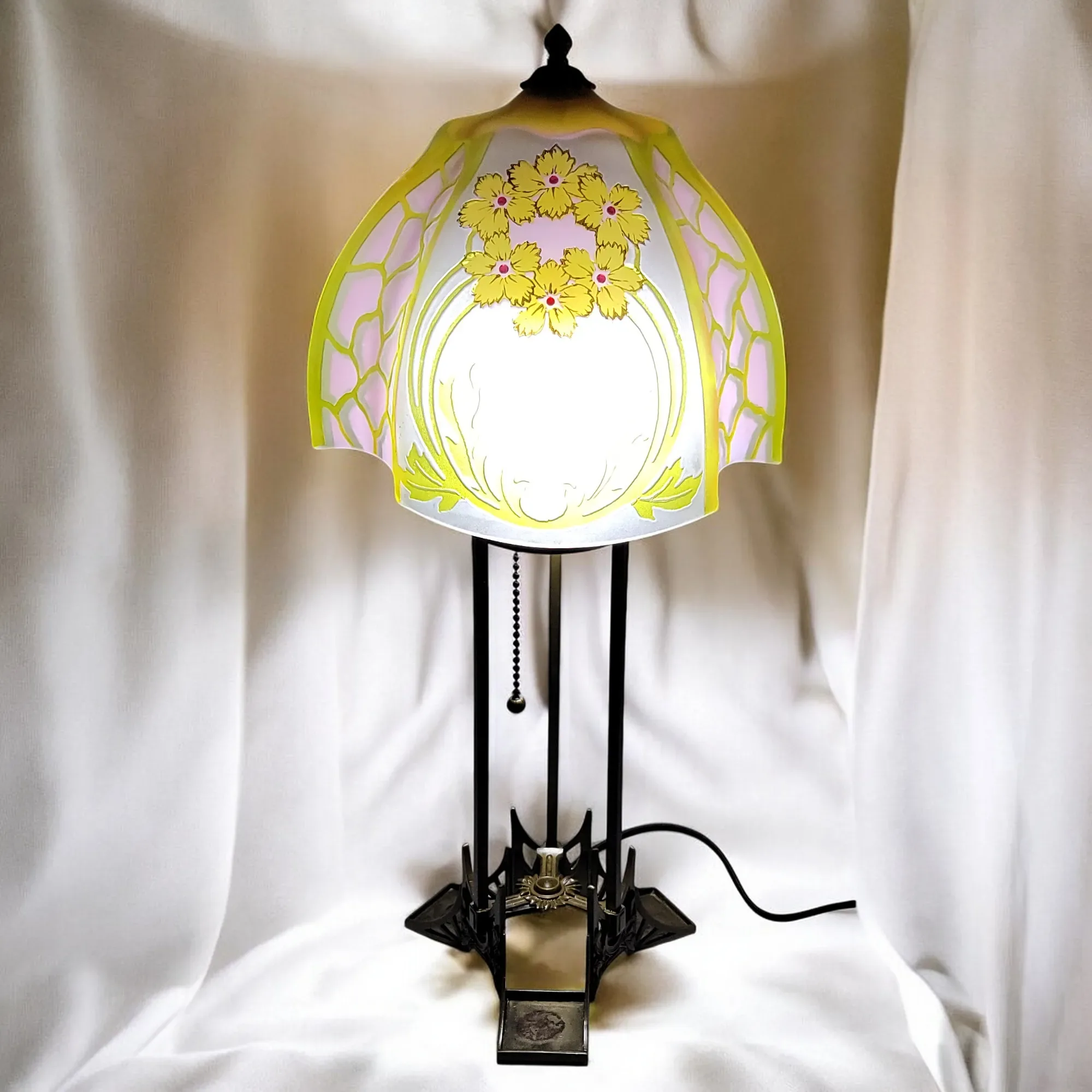 Antique Josef Riedel Bohemian Etched Art Glass & Brass Lamp - View 5
