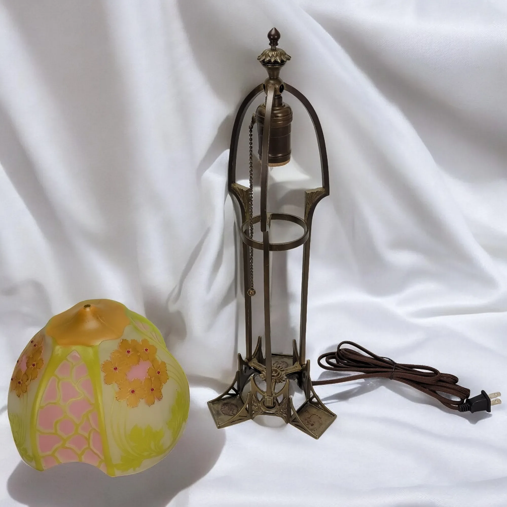 Antique Josef Riedel Bohemian Etched Art Glass & Brass Lamp - View 6