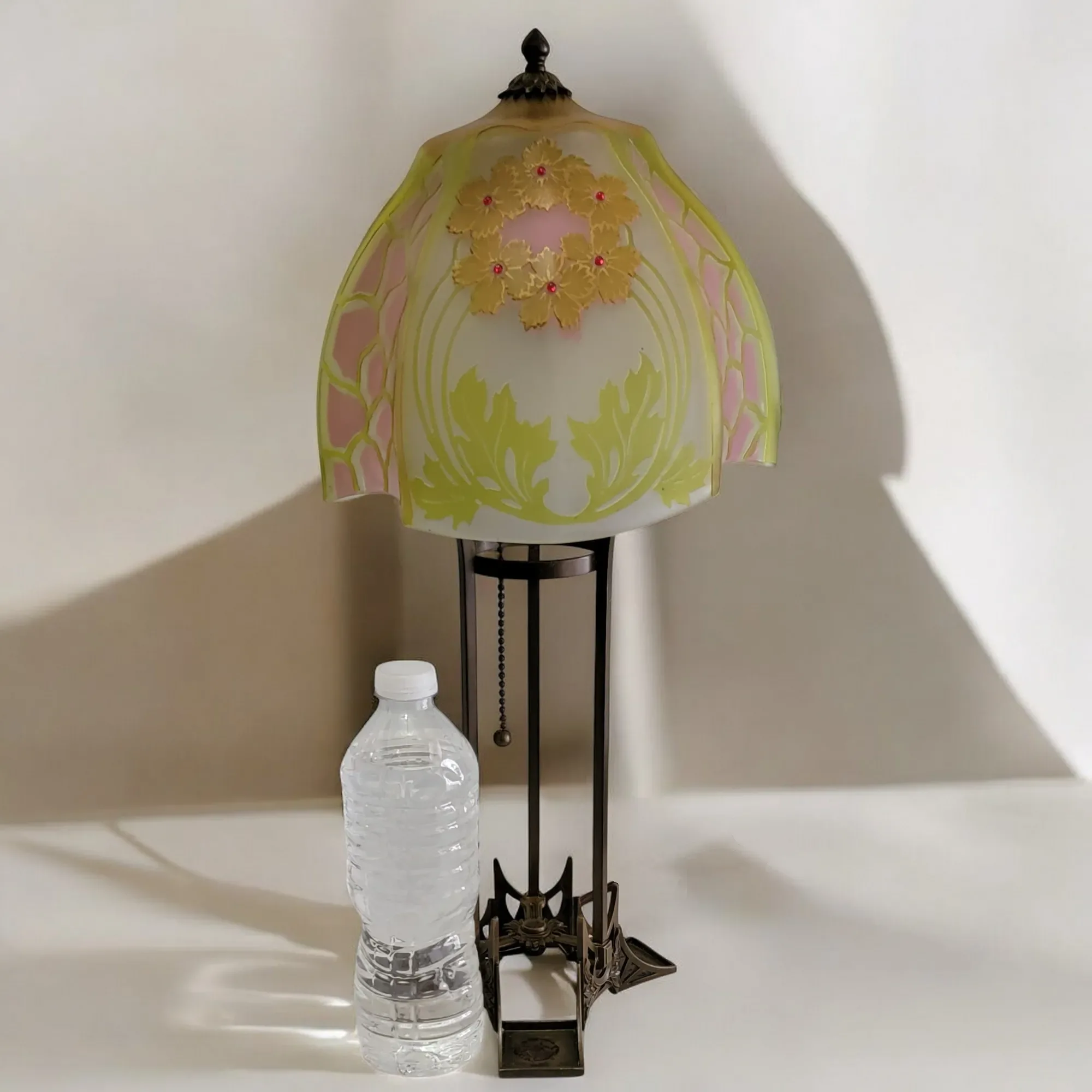 Antique Josef Riedel Bohemian Etched Art Glass & Brass Lamp - View 7