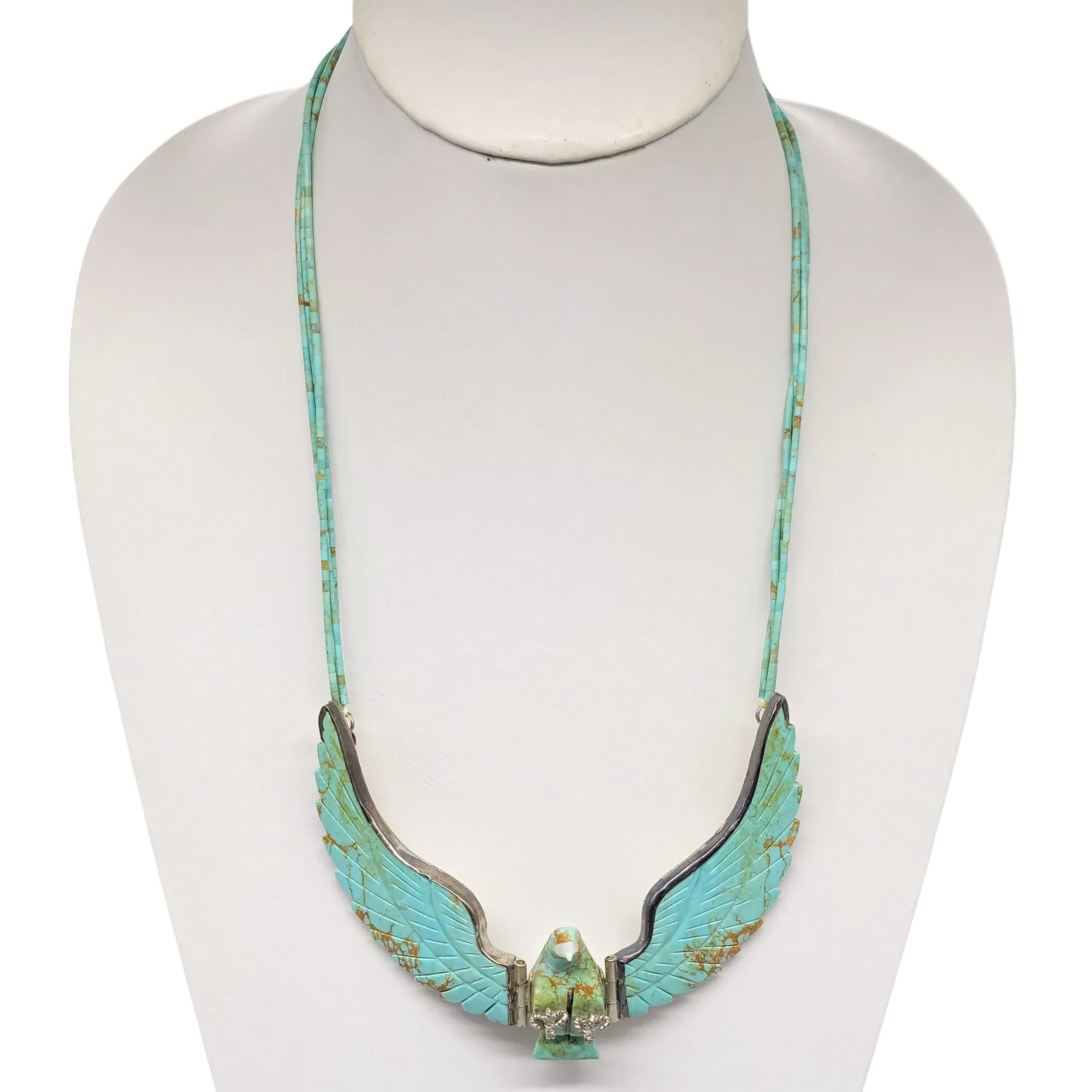 Harry Spencer Carved Eagle in Flight Turquoise Necklace - Sterling Silver - Navajo