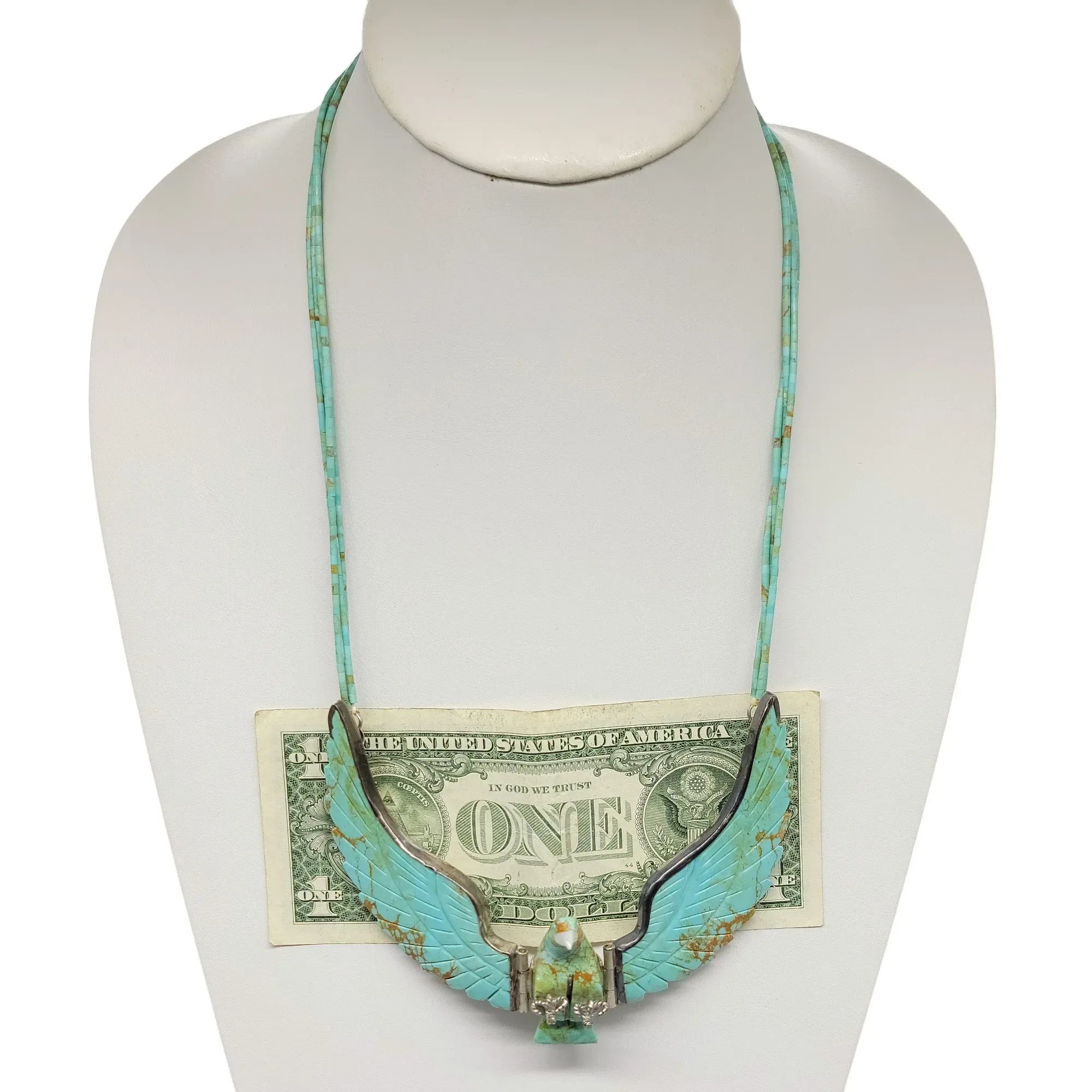 Harry Spencer Carved Eagle in Flight Turquoise Necklace - Sterling Silver - Navajo - View 12