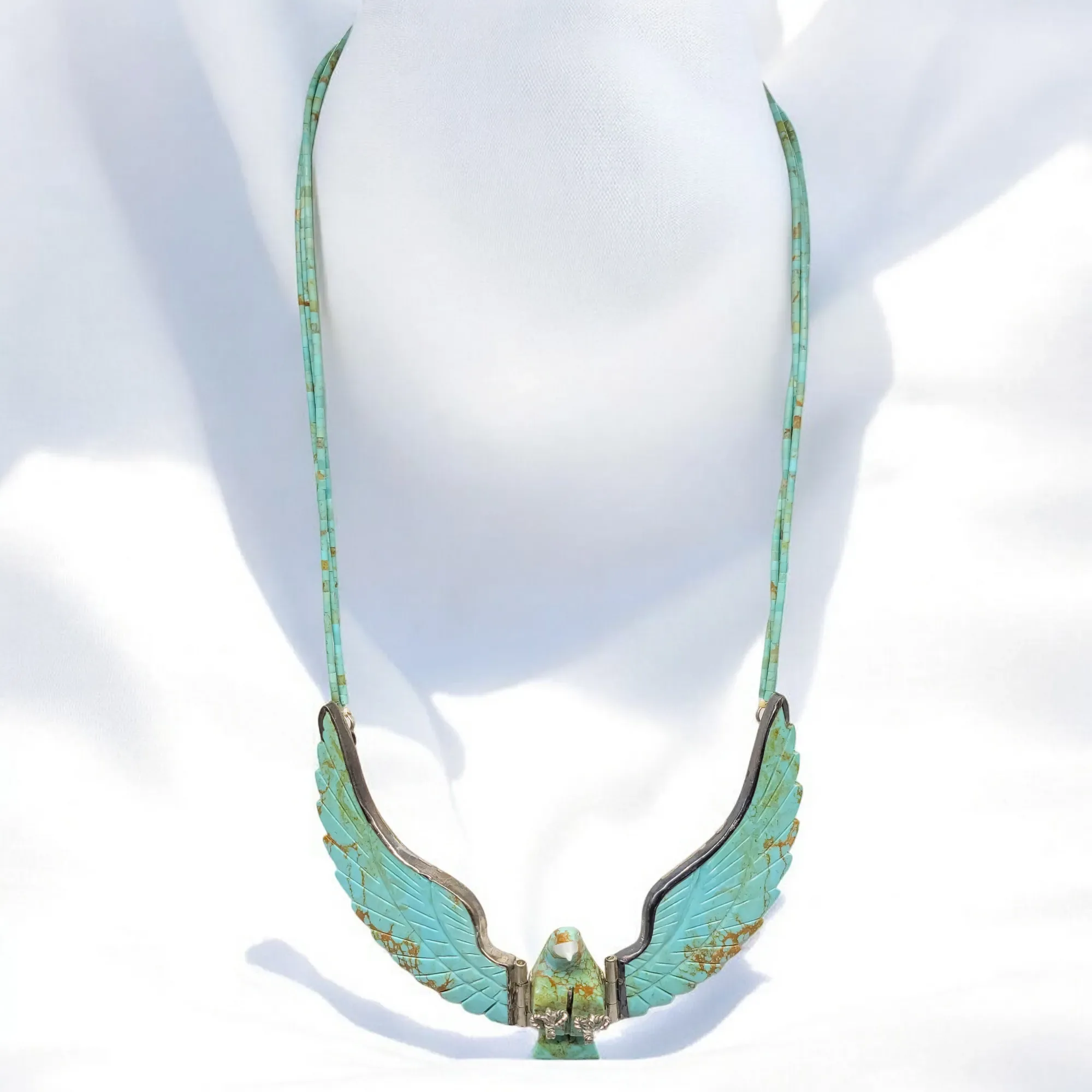 Harry Spencer Carved Eagle in Flight Turquoise Necklace - Sterling Silver - Navajo - View 2