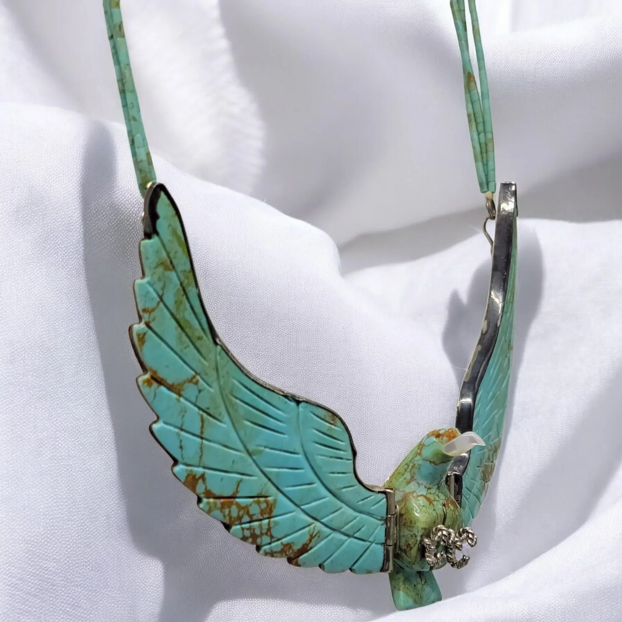 Harry Spencer Carved Eagle in Flight Turquoise Necklace - Sterling Silver - Navajo - View 3