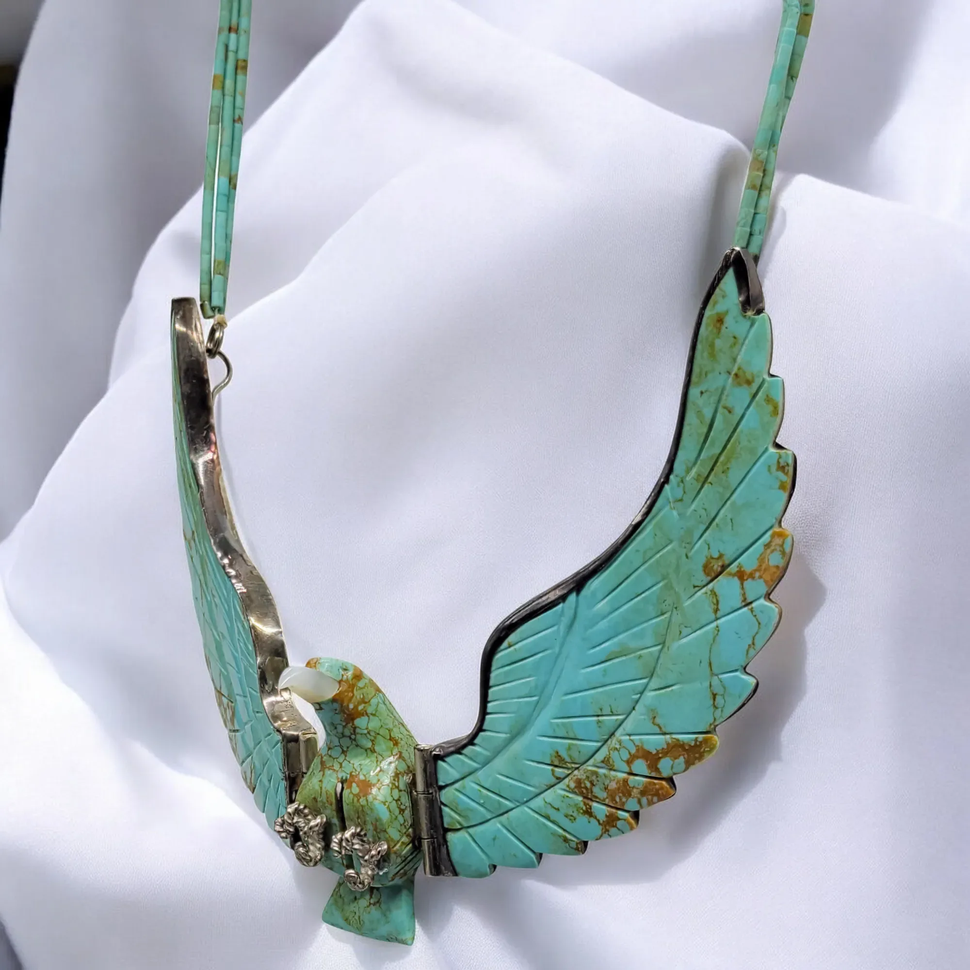 Harry Spencer Carved Eagle in Flight Turquoise Necklace - Sterling Silver - Navajo - View 4