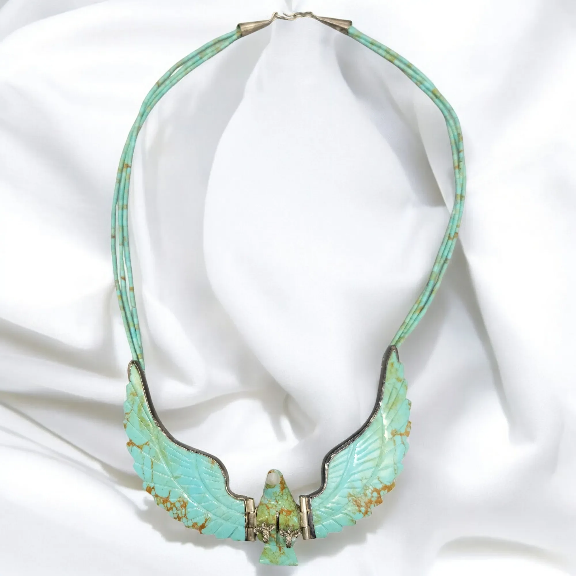 Harry Spencer Carved Eagle in Flight Turquoise Necklace - Sterling Silver - Navajo - View 5