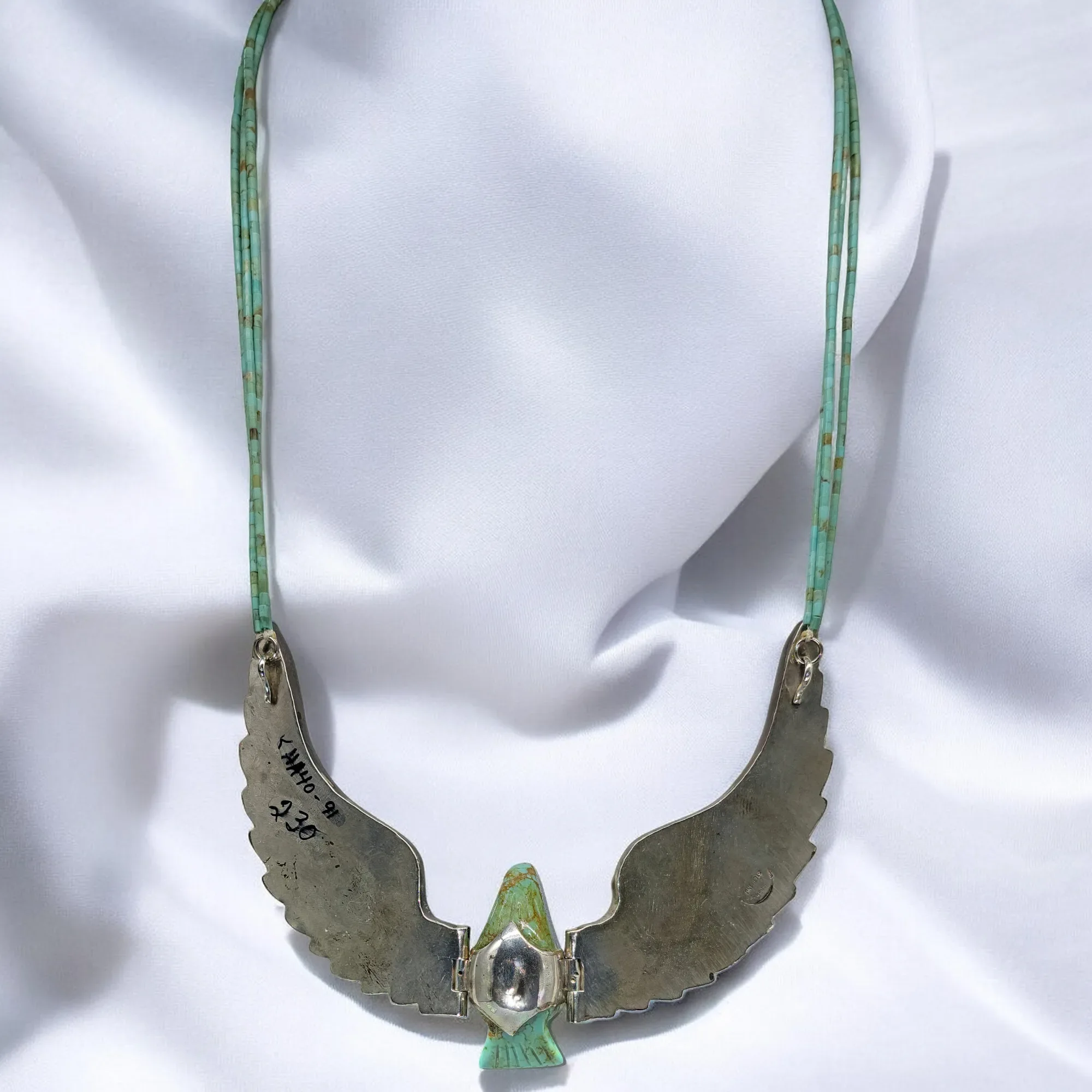 Harry Spencer Carved Eagle in Flight Turquoise Necklace - Sterling Silver - Navajo - View 7