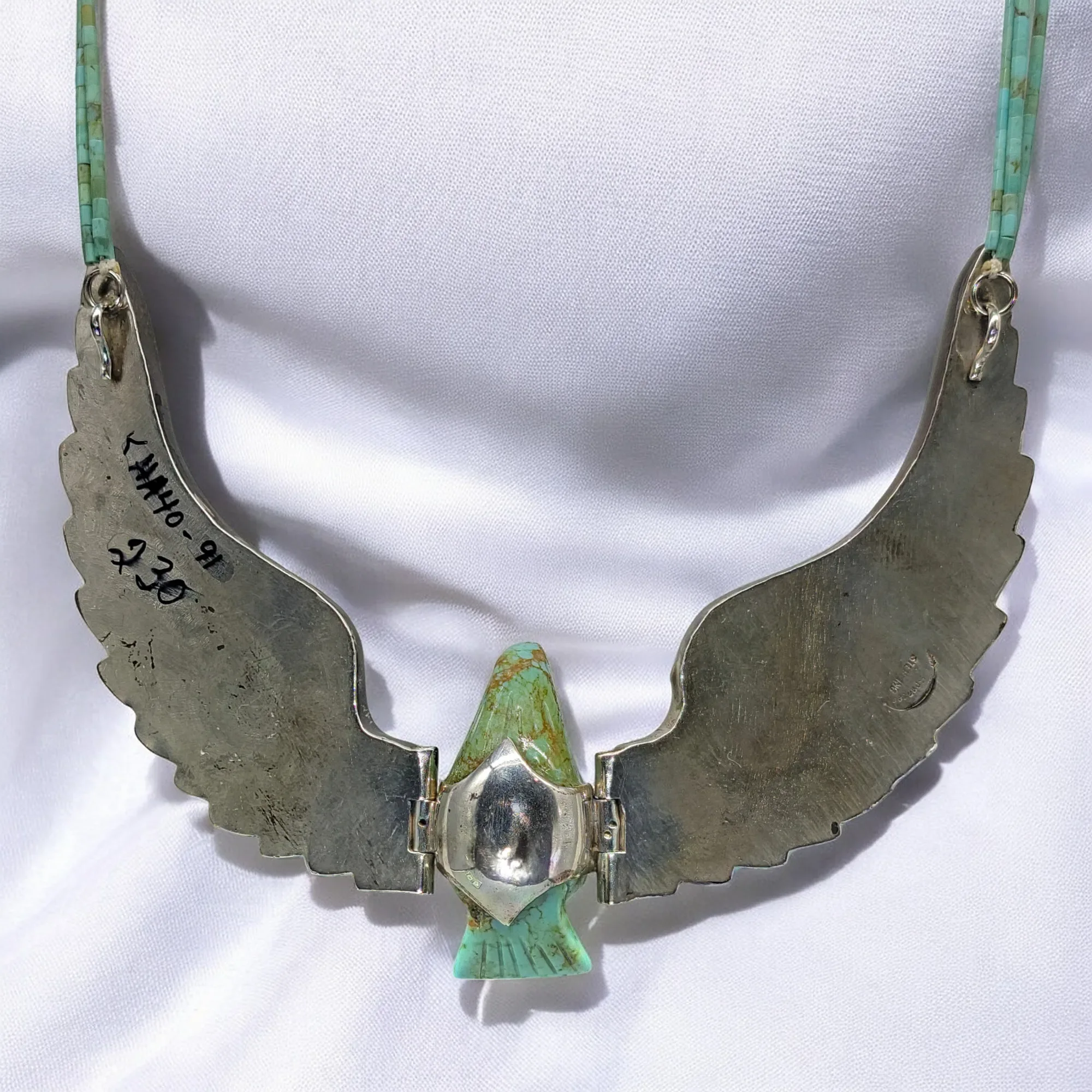Harry Spencer Carved Eagle in Flight Turquoise Necklace - Sterling Silver - Navajo - View 8