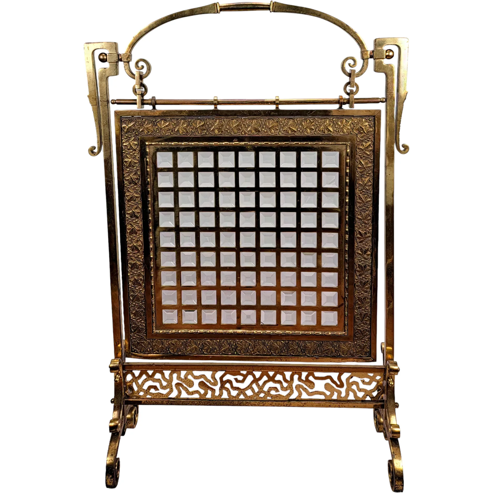 Antique Victorian Brass & Beveled Glass Fireplace Fire Screen