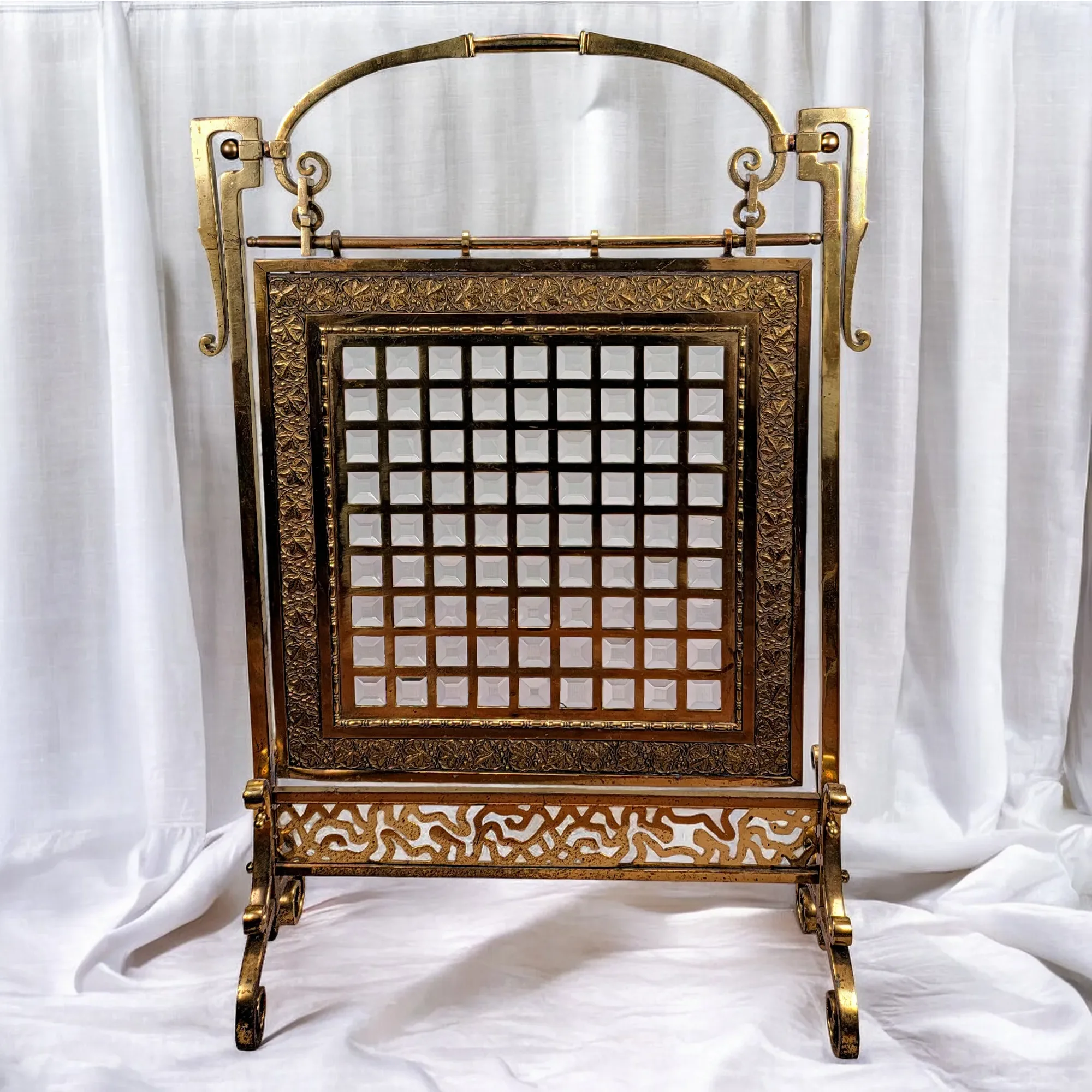 Antique Victorian Brass & Beveled Glass Fireplace Fire Screen - View 2