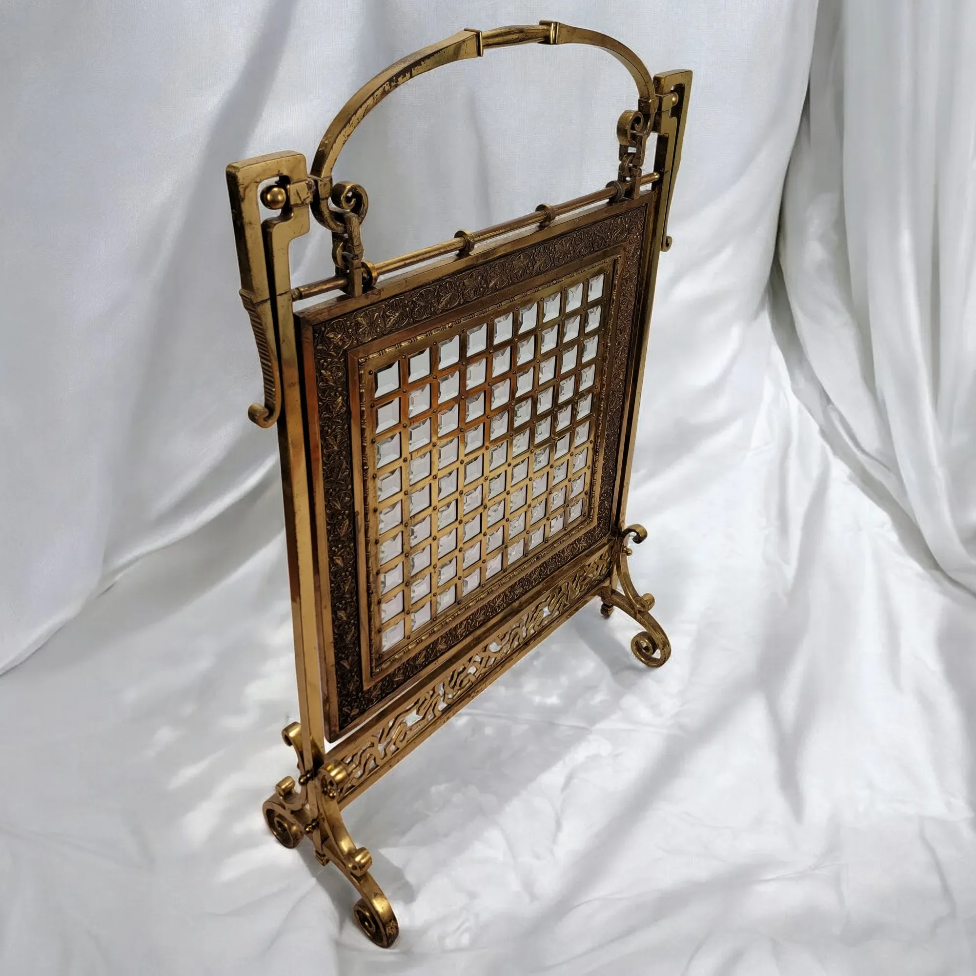 Antique Victorian Brass & Beveled Glass Fireplace Fire Screen - View 3