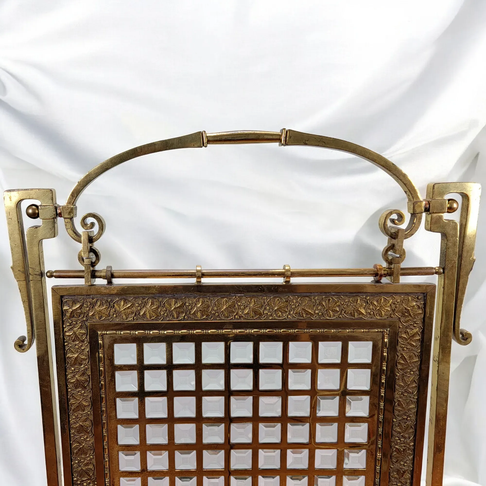 Antique Victorian Brass & Beveled Glass Fireplace Fire Screen - View 4