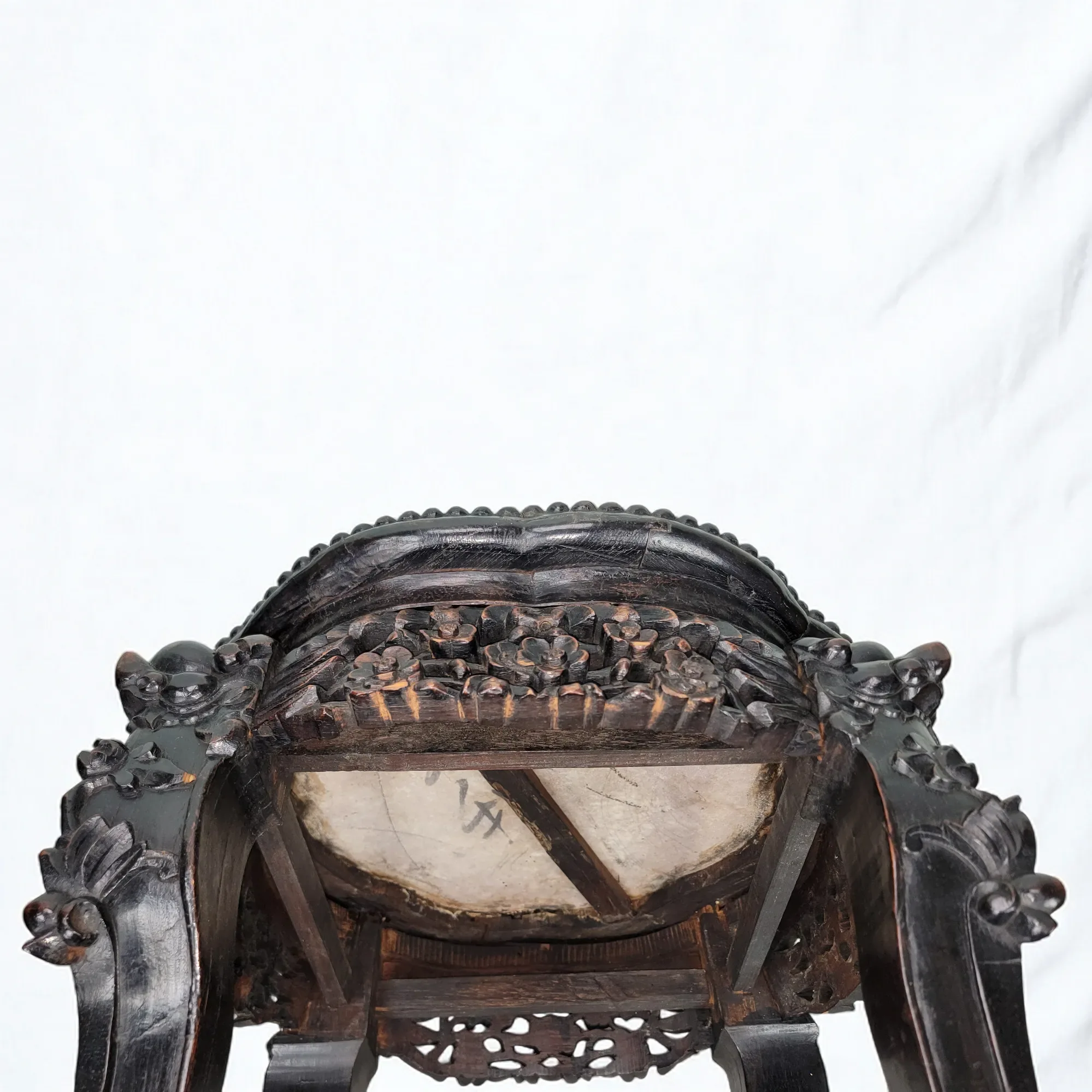 Antique Chinese Hand Carved Rosewood Table with Marble Top - View 15