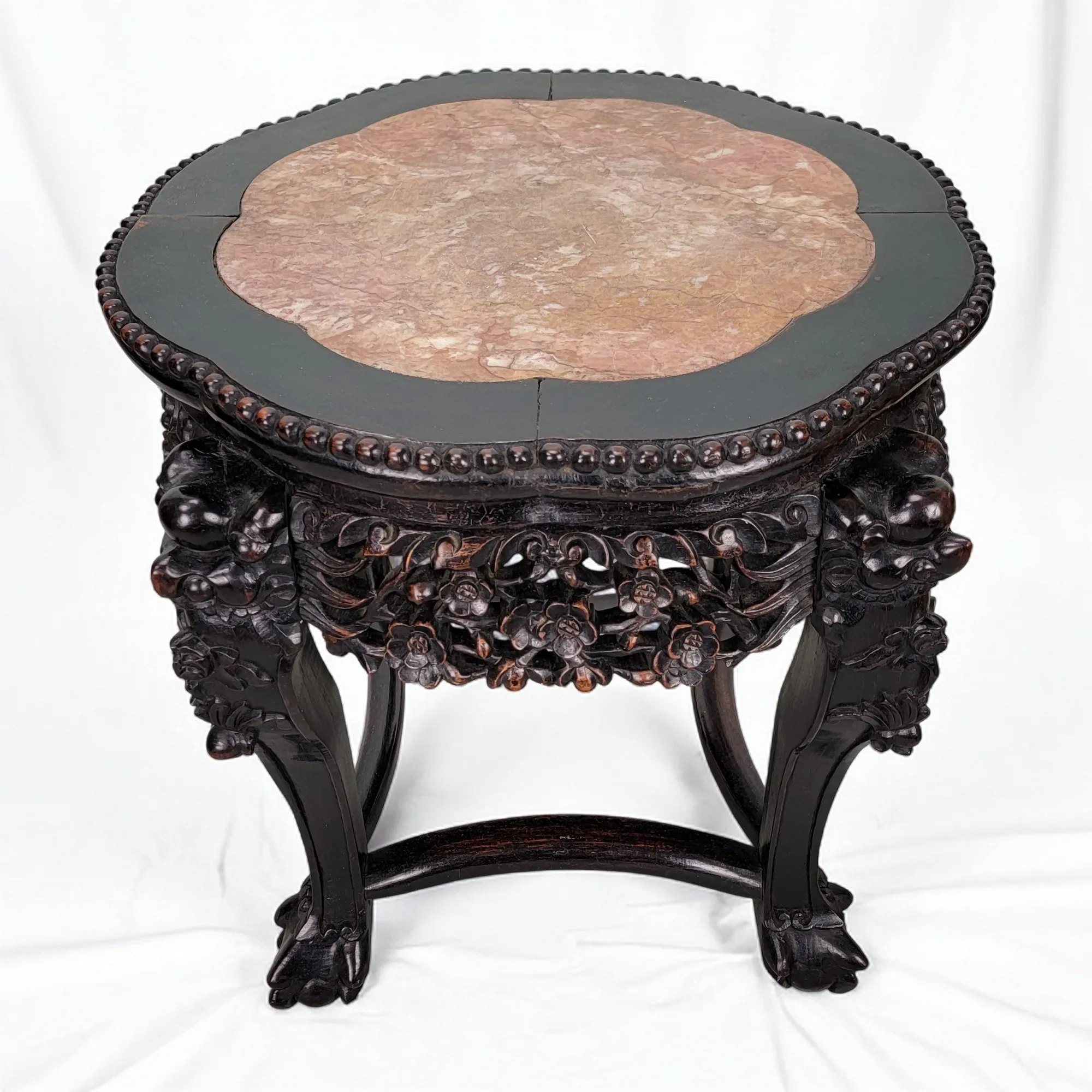Antique Chinese Hand Carved Rosewood Table with Marble Top - View 2