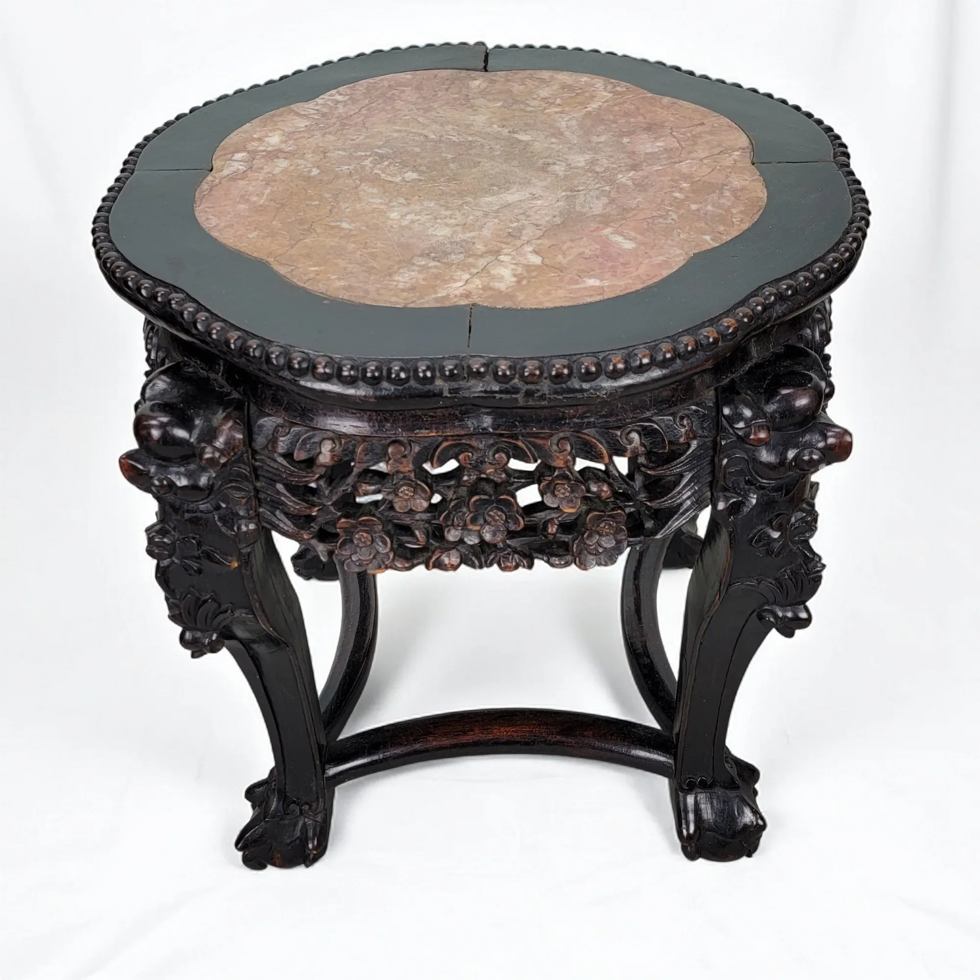 Antique Chinese Hand Carved Rosewood Table with Marble Top - View 3