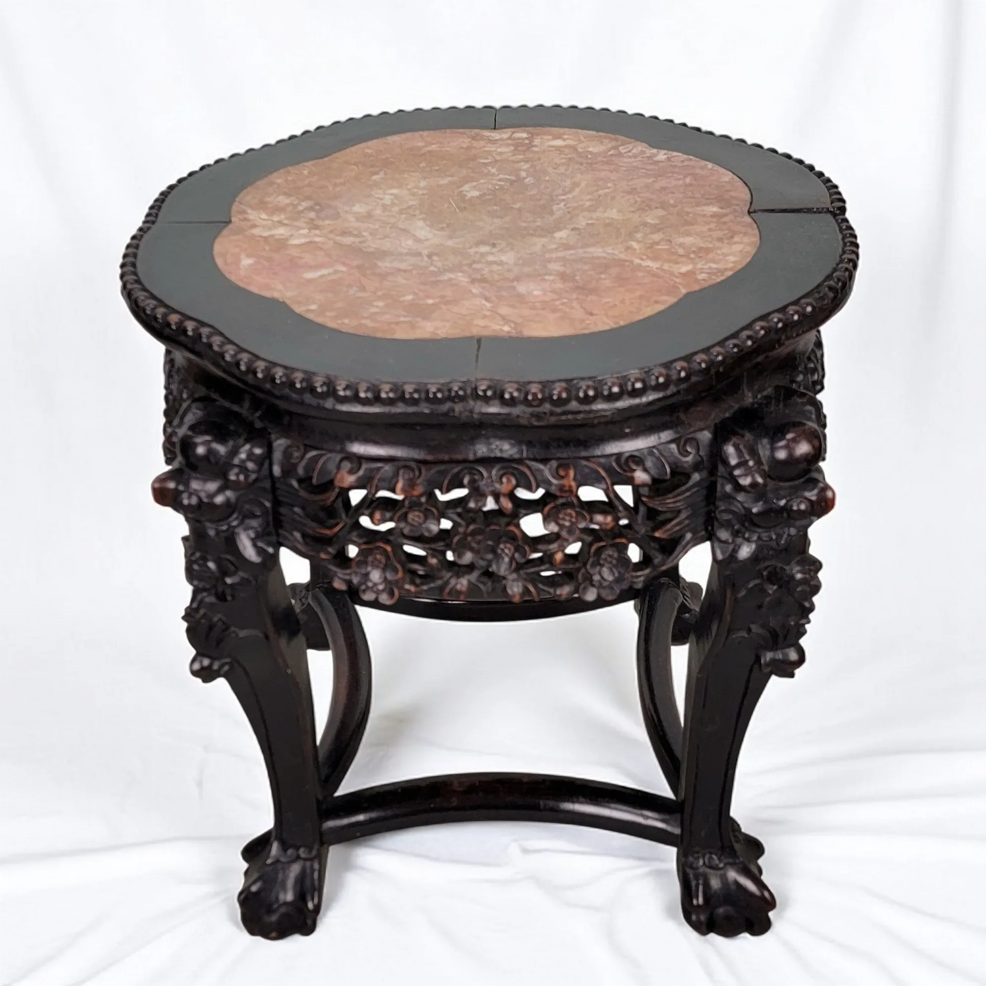 Antique Chinese Hand Carved Rosewood Table with Marble Top - View 4