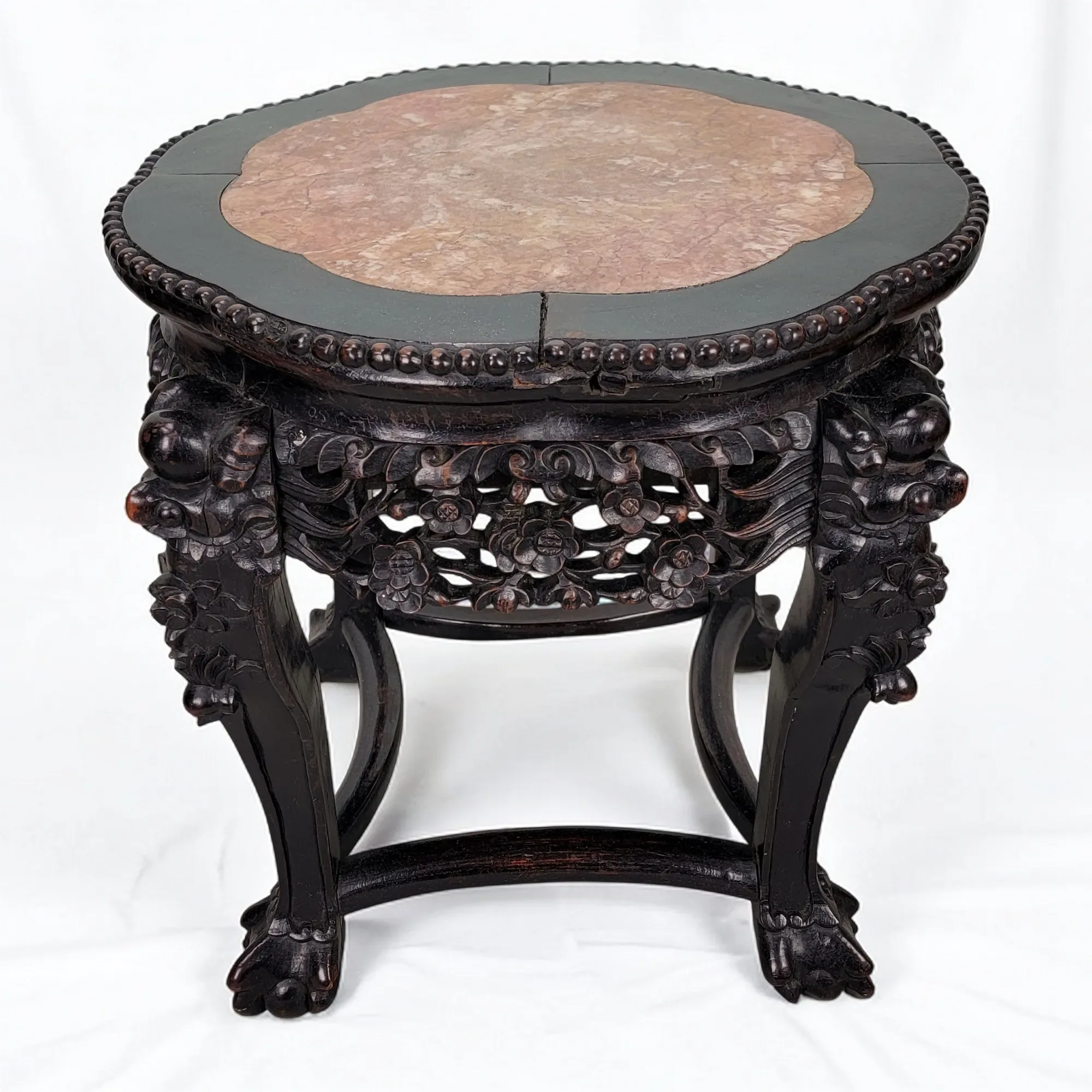 Antique Chinese Hand Carved Rosewood Table with Marble Top - View 5