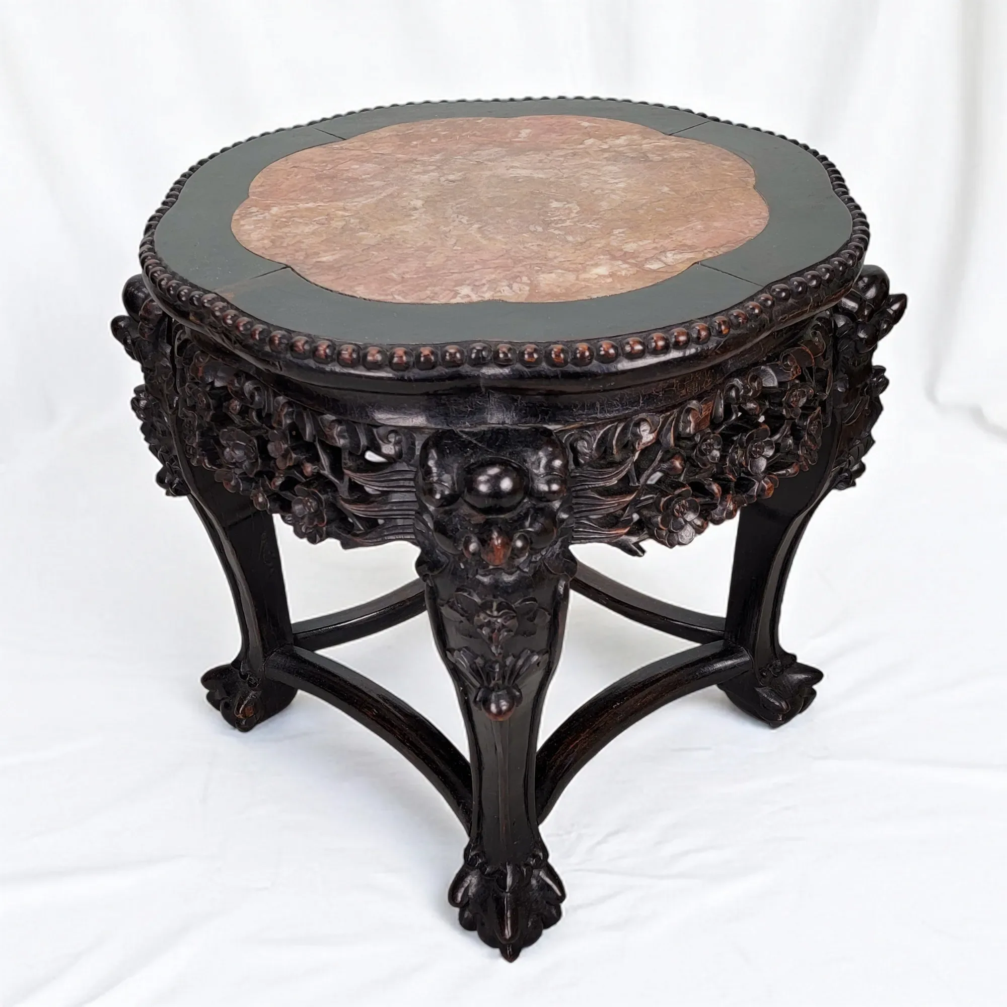 Antique Chinese Hand Carved Rosewood Table with Marble Top - View 7