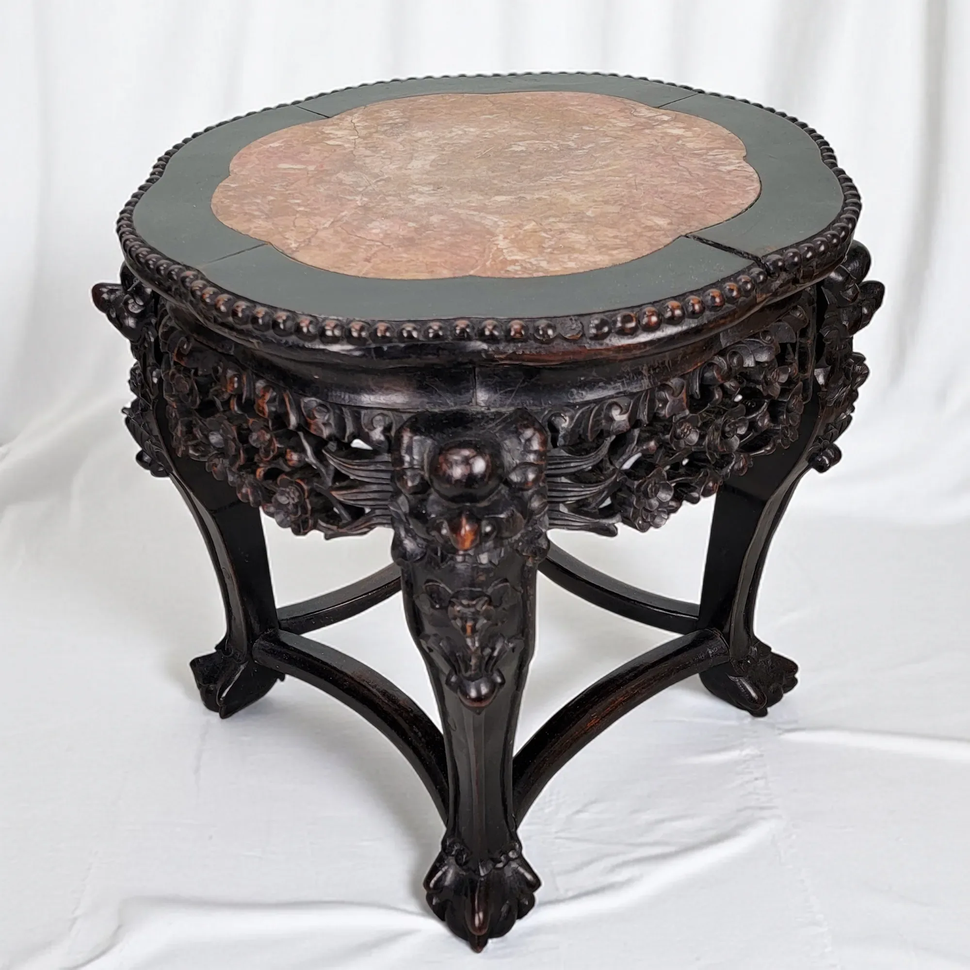 Antique Chinese Hand Carved Rosewood Table with Marble Top - View 9