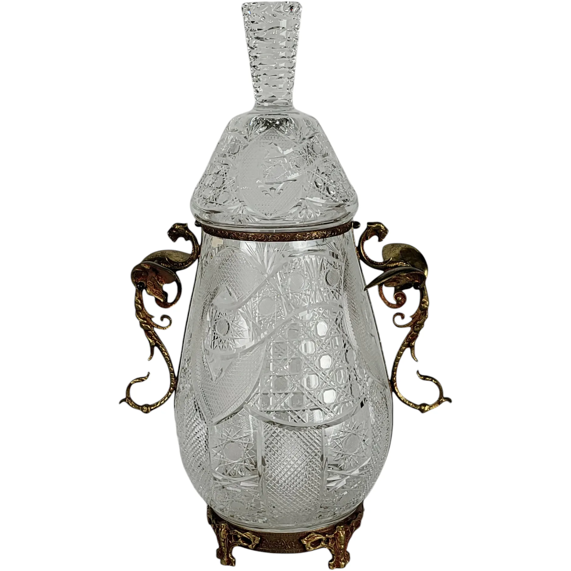 Large Russian Soviet Era Cut Crystal Urn or Jar with Bronze Mounts