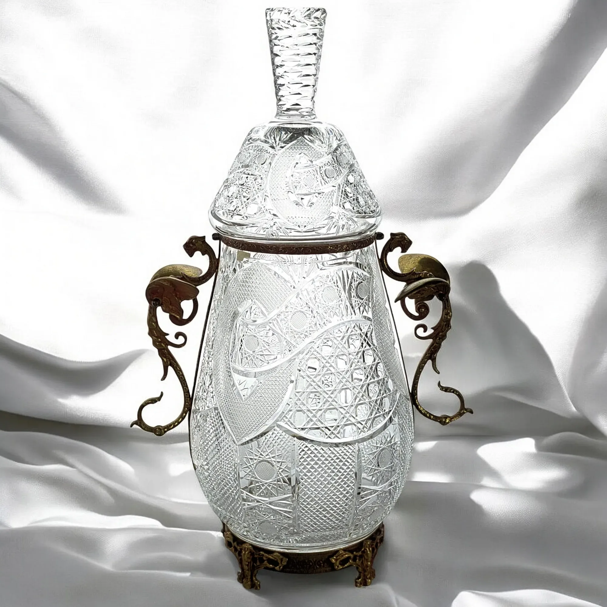 Large Russian Soviet Era Cut Crystal Urn or Jar with Bronze Mounts - View 2