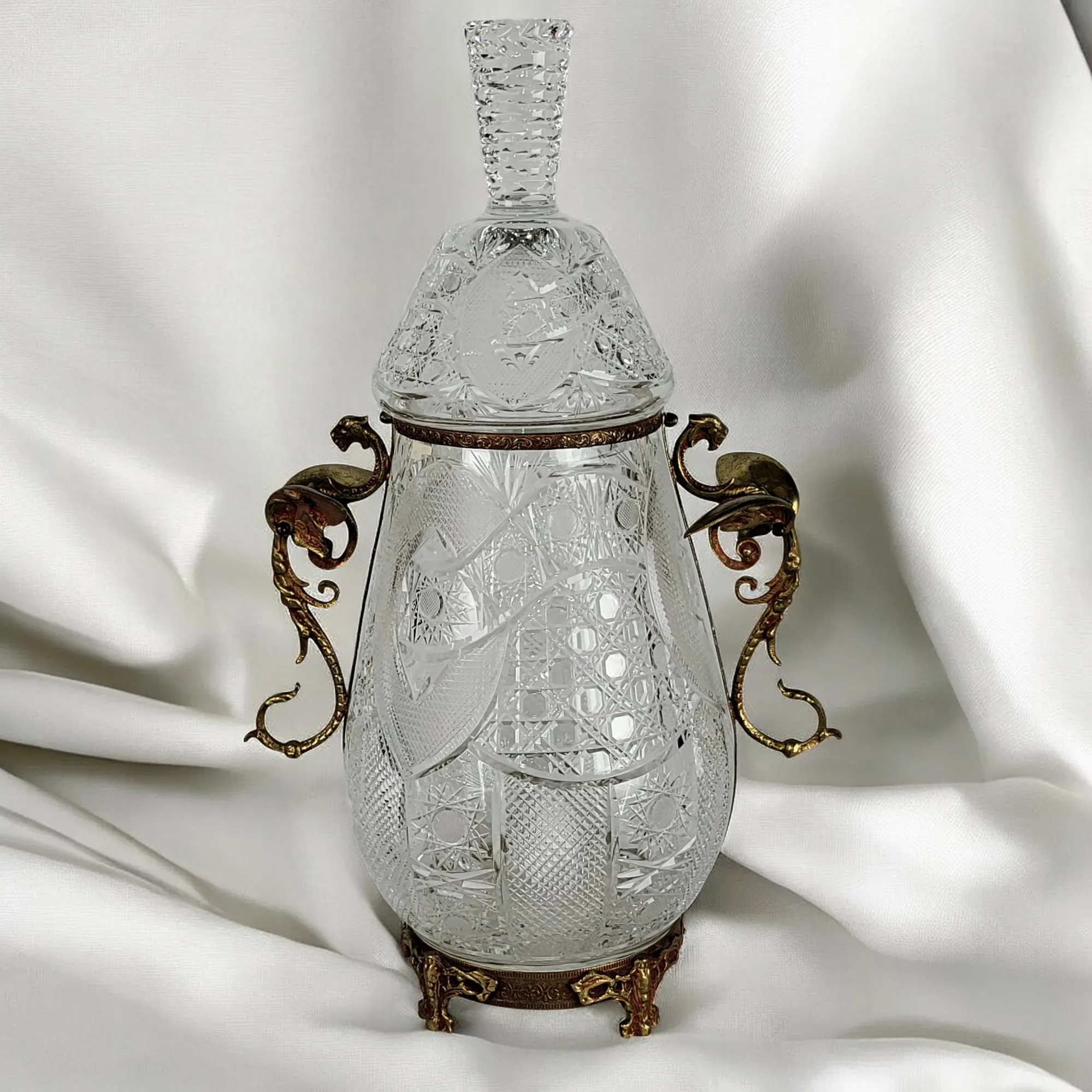 Large Russian Soviet Era Cut Crystal Urn or Jar with Bronze Mounts - View 3