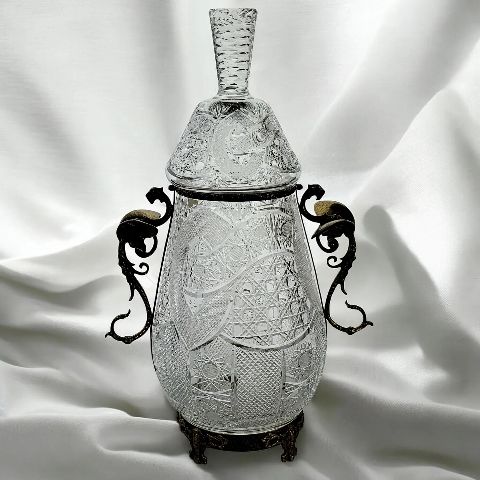 Large Russian Soviet Era Cut Crystal Urn or Jar with Bronze Mounts - View 4