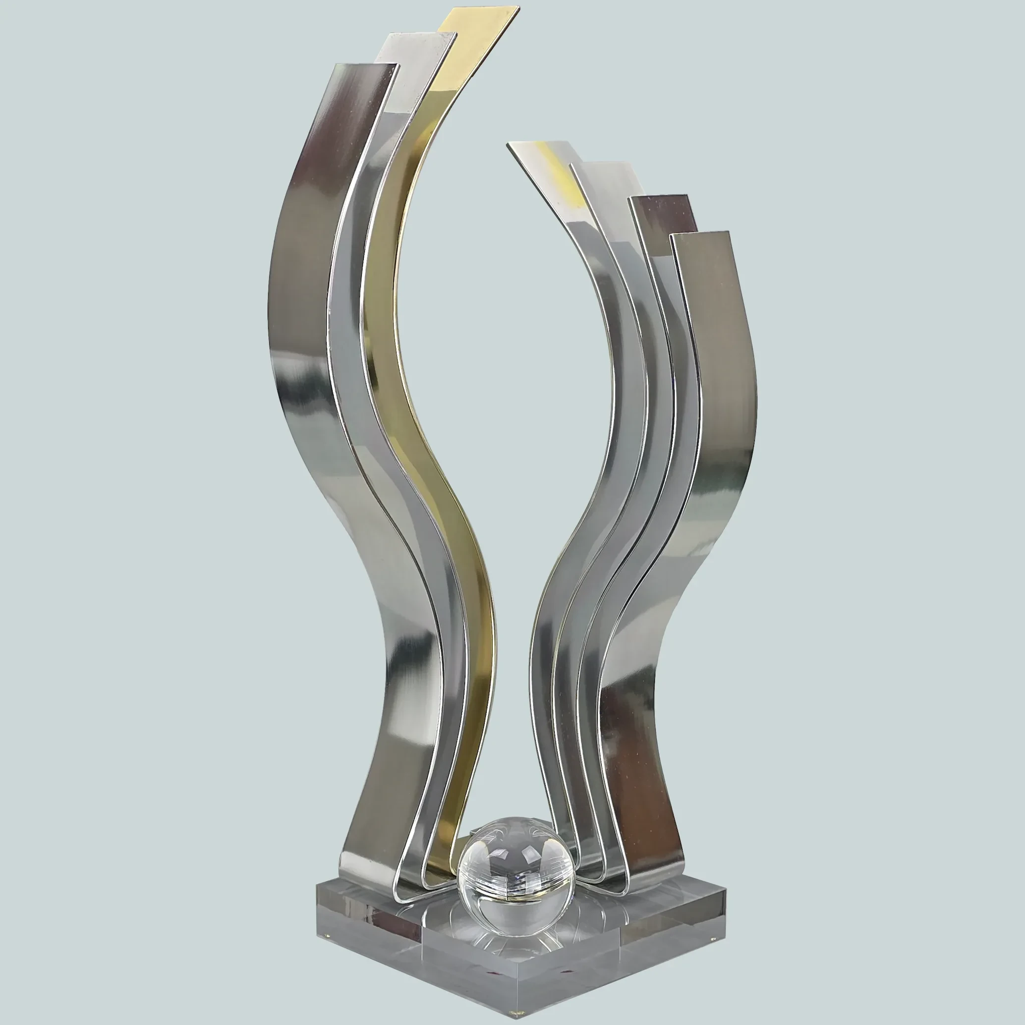 Dan Murphy 1989 Modernist Abstract Sculpture – Signed – Wavy Aluminum on Lucite Base with Sphere