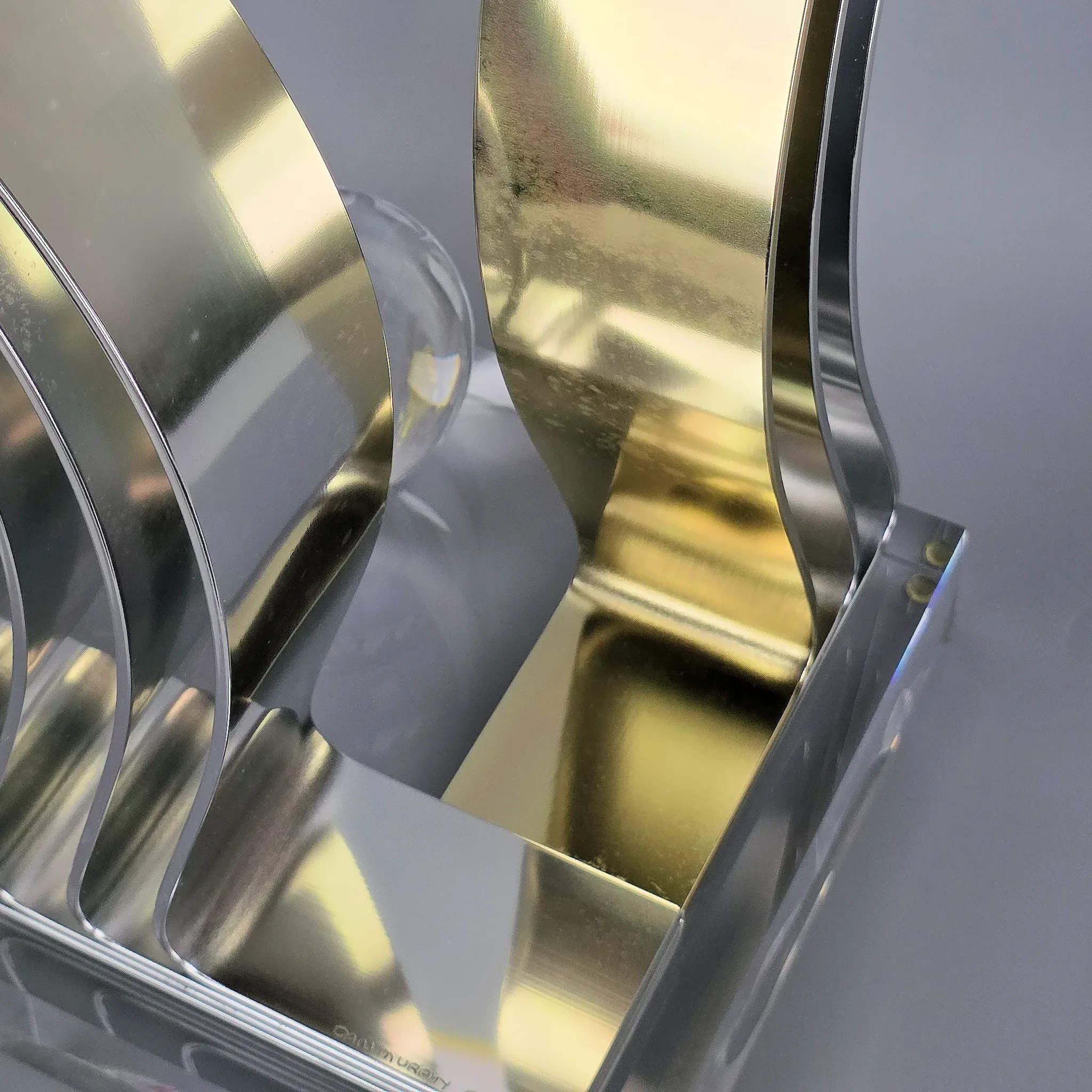 Dan Murphy 1989 Modernist Abstract Sculpture – Signed – Wavy Aluminum on Lucite Base with Sphere: gold, red, vintage, modern (view 10) - Art