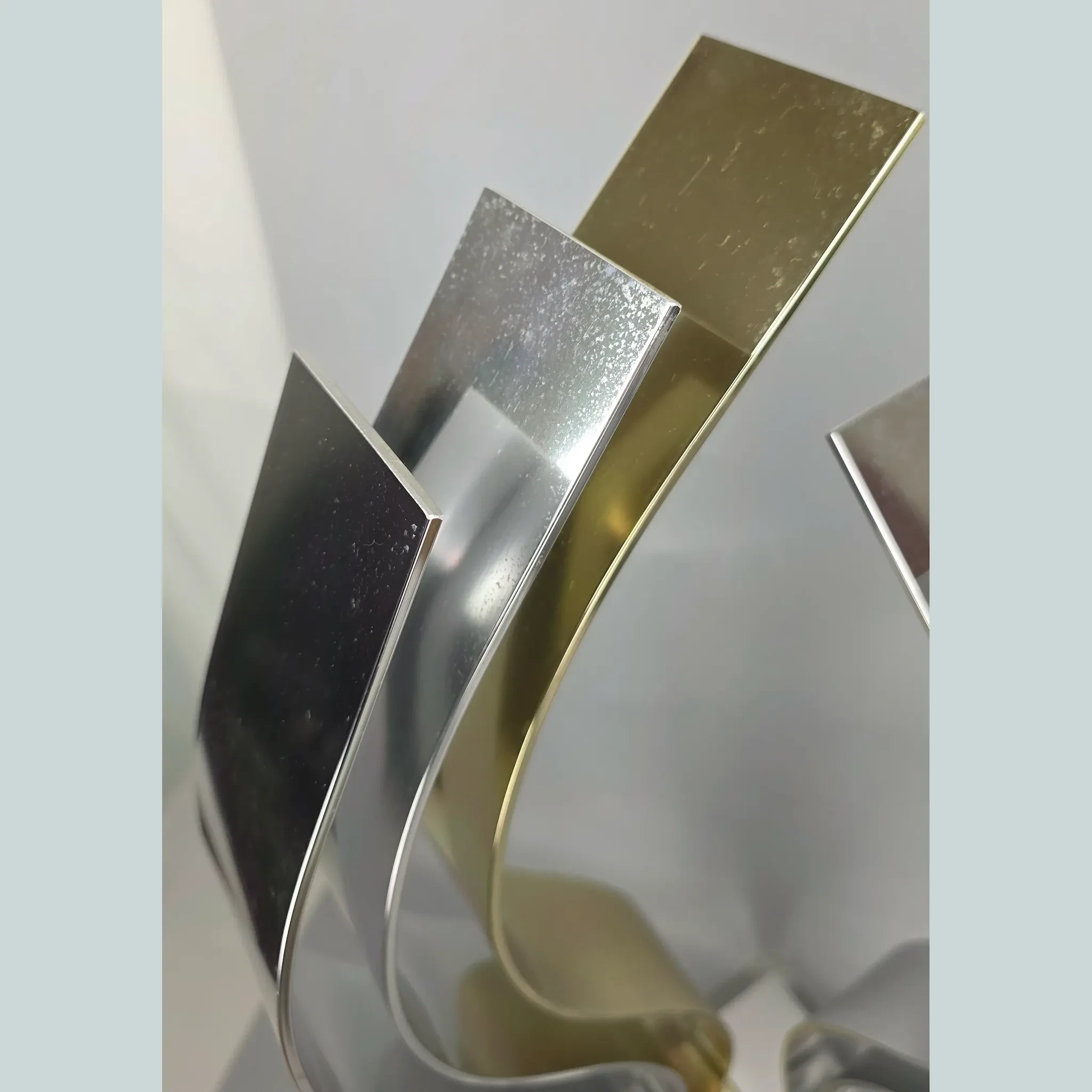 Dan Murphy 1989 Modernist Abstract Sculpture – Signed – Wavy Aluminum on Lucite Base with Sphere: gold, red, vintage, modern (view 14) - Art