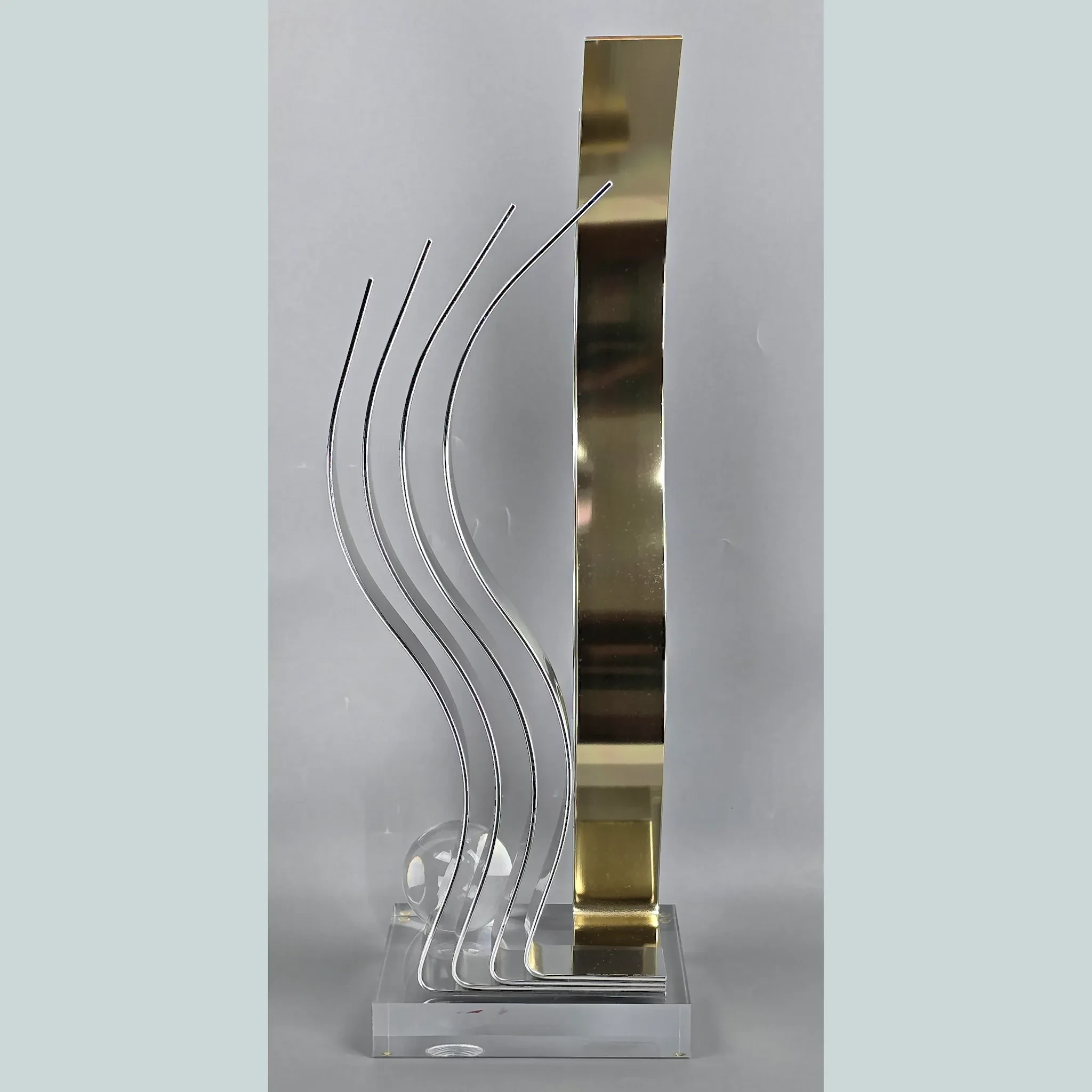 Dan Murphy 1989 Modernist Abstract Sculpture – Signed – Wavy Aluminum on Lucite Base with Sphere: gold, red, vintage, modern (close-up detail) ...