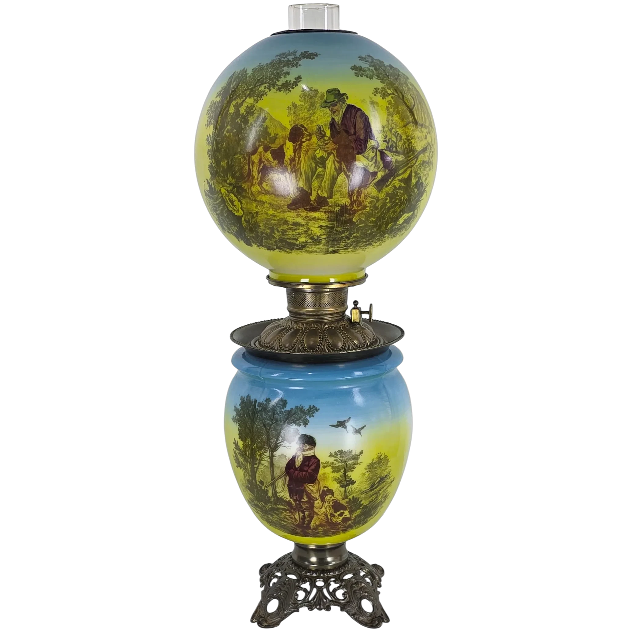 Antique Victorian Gone with the Wind Oil Lamp – Hunting Scenes - NB&amp;amp;IW