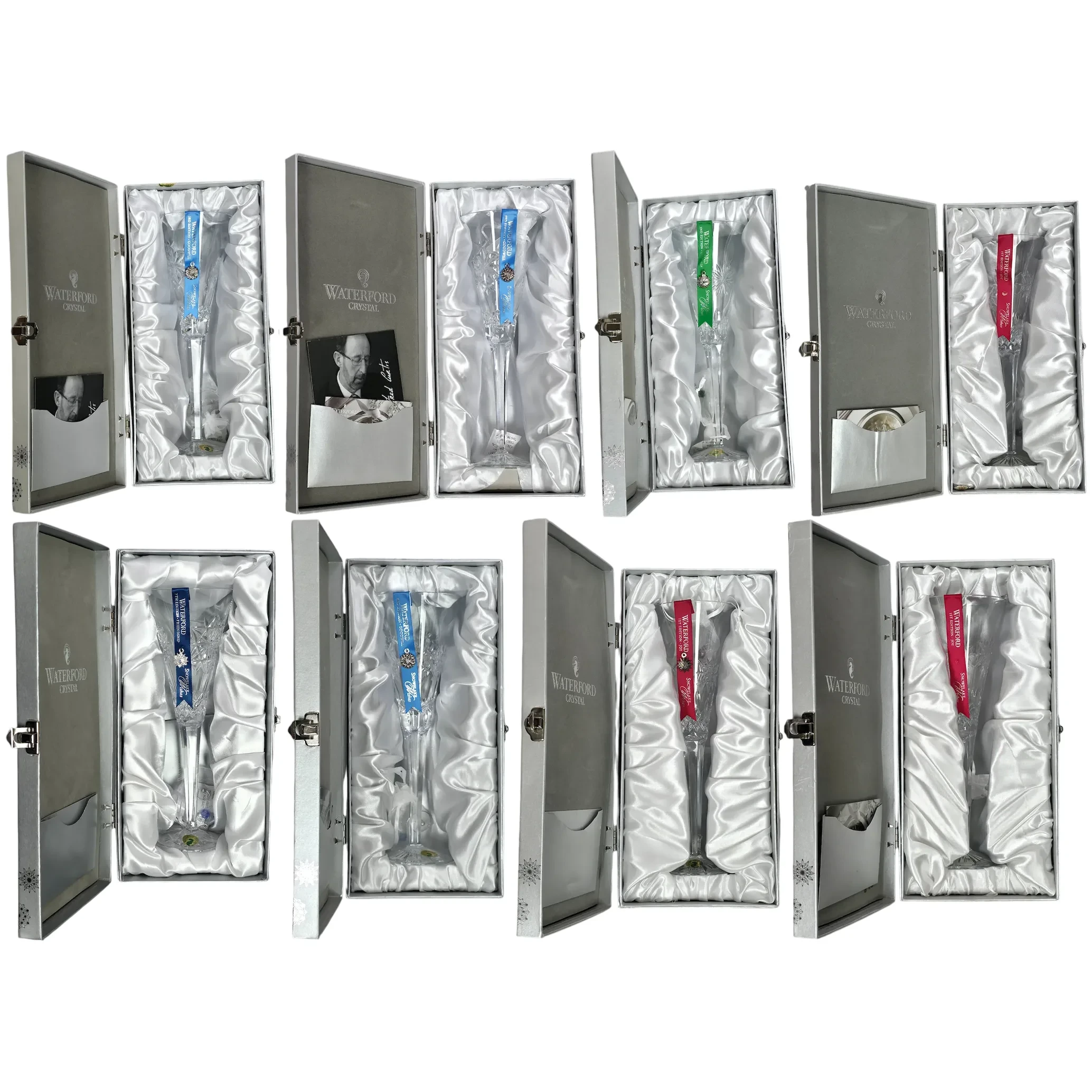 8 Waterford Crystal Champagne Flutes - Snowflake Wishes Collection