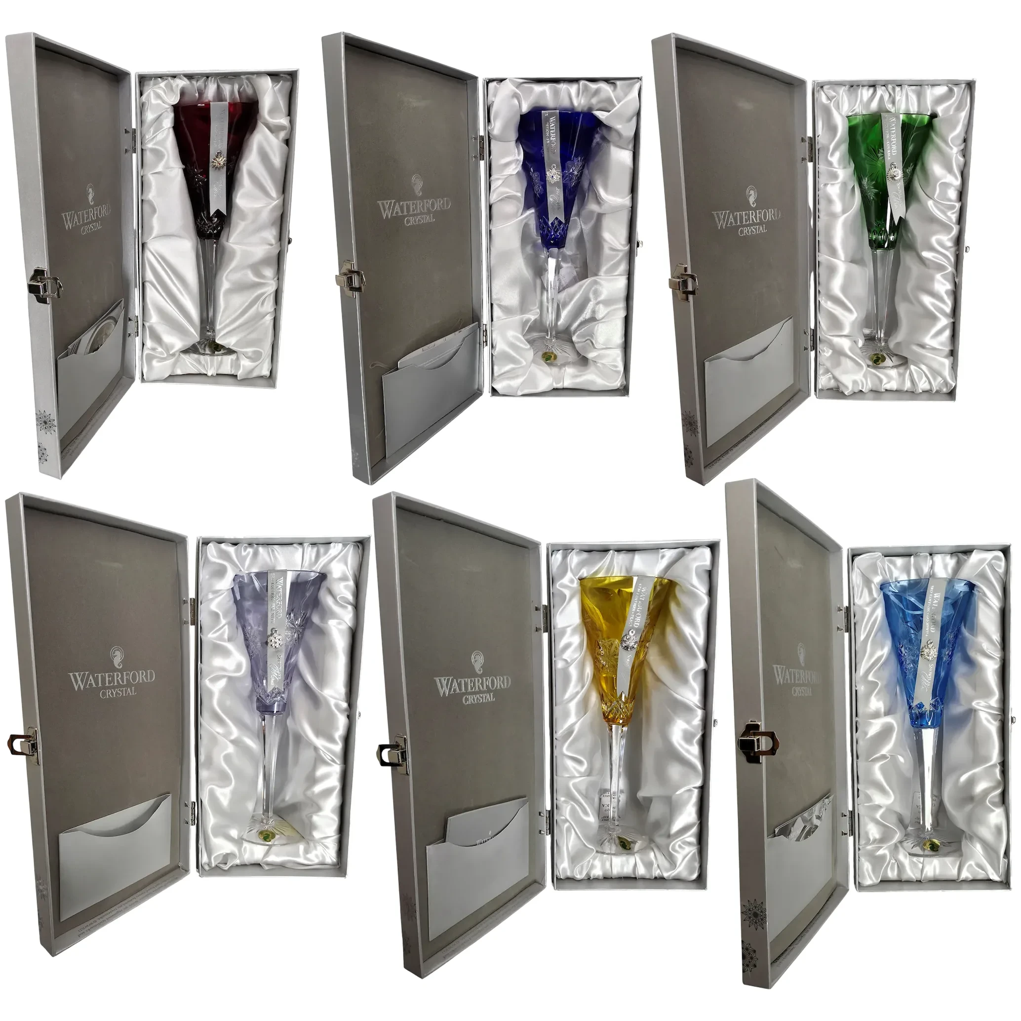 6 Waterford Cased/Colored Crystal Champagne Flutes - Snowflake Wishes Collection