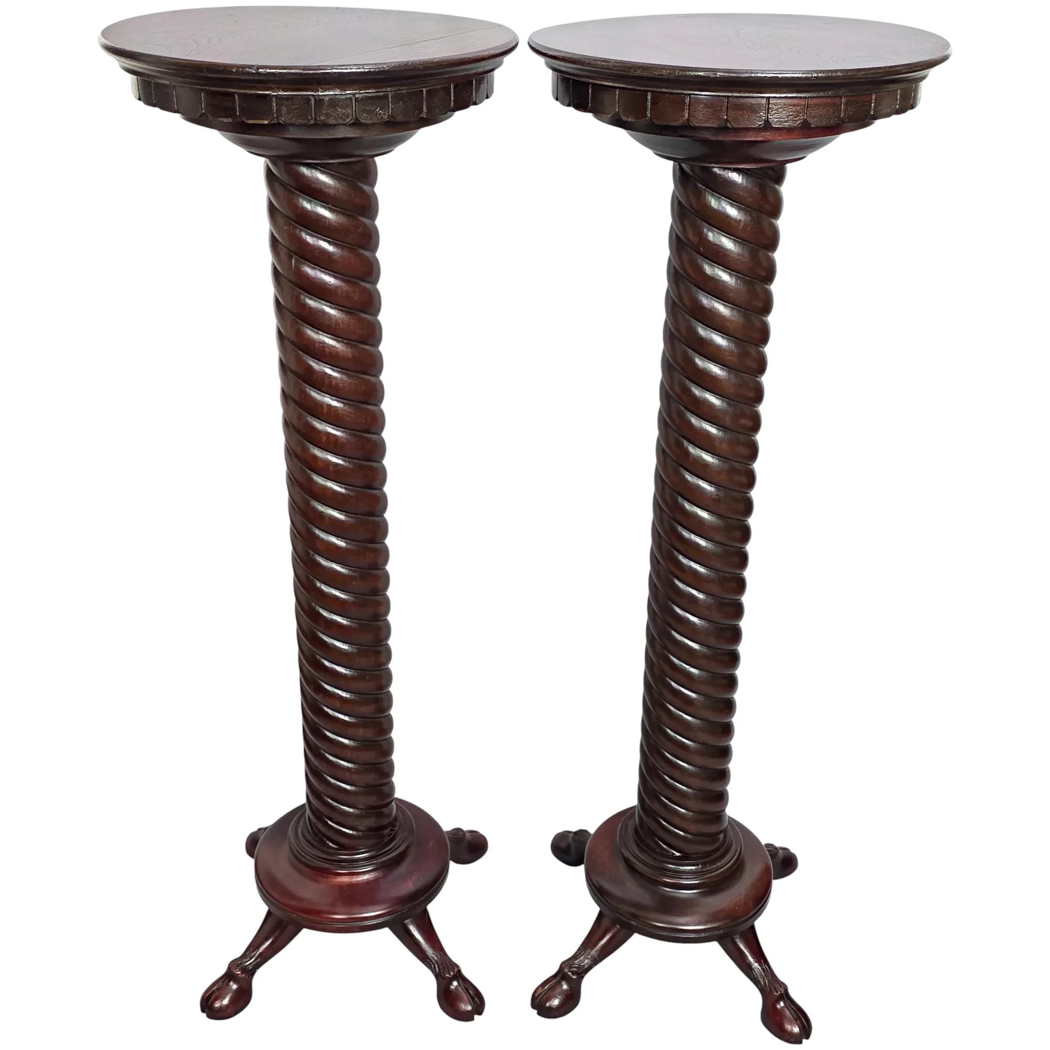 Pair Antique Mahogany Barley Swist Stands with Hoof Feet