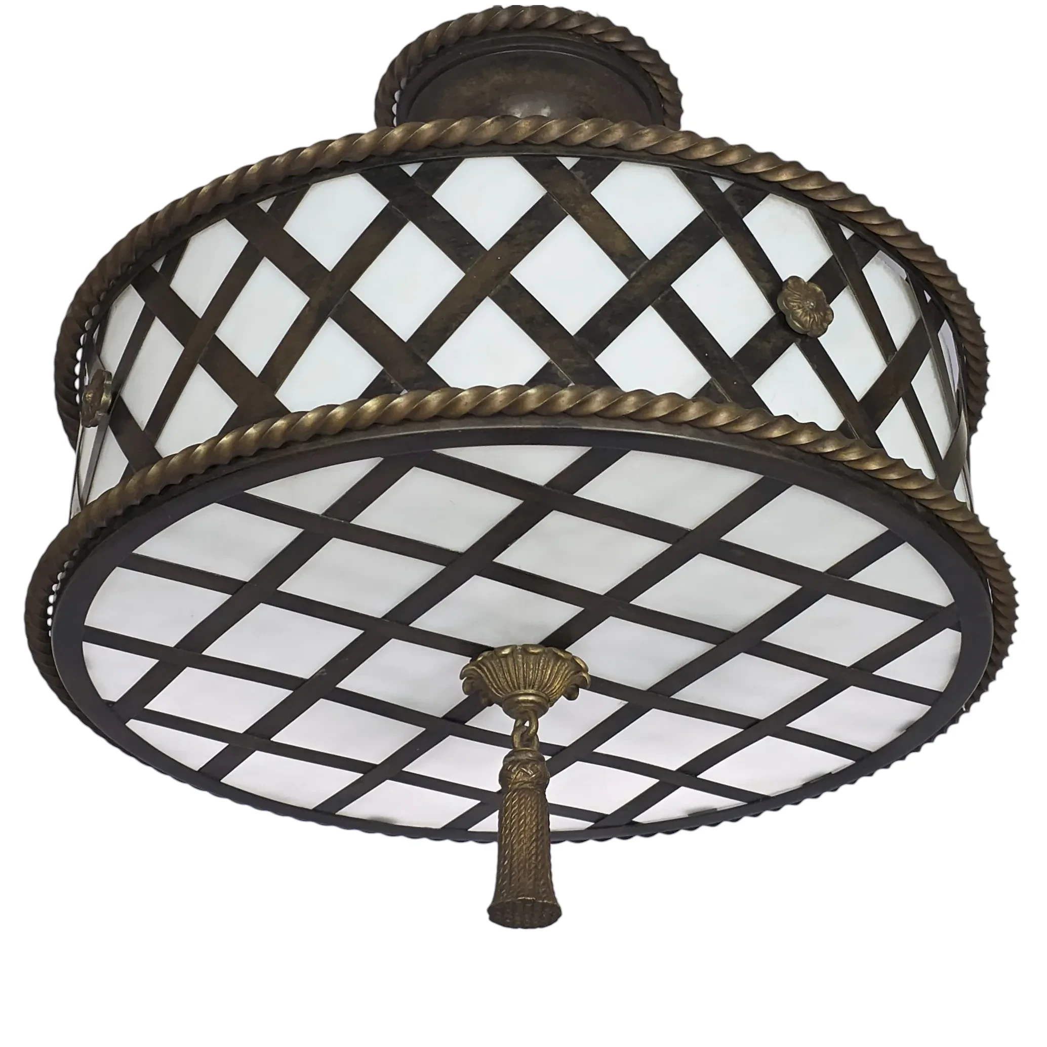 Horn & Brannen Brass Basket Weave Semi-Flush Mount Light Fixture - 1920s