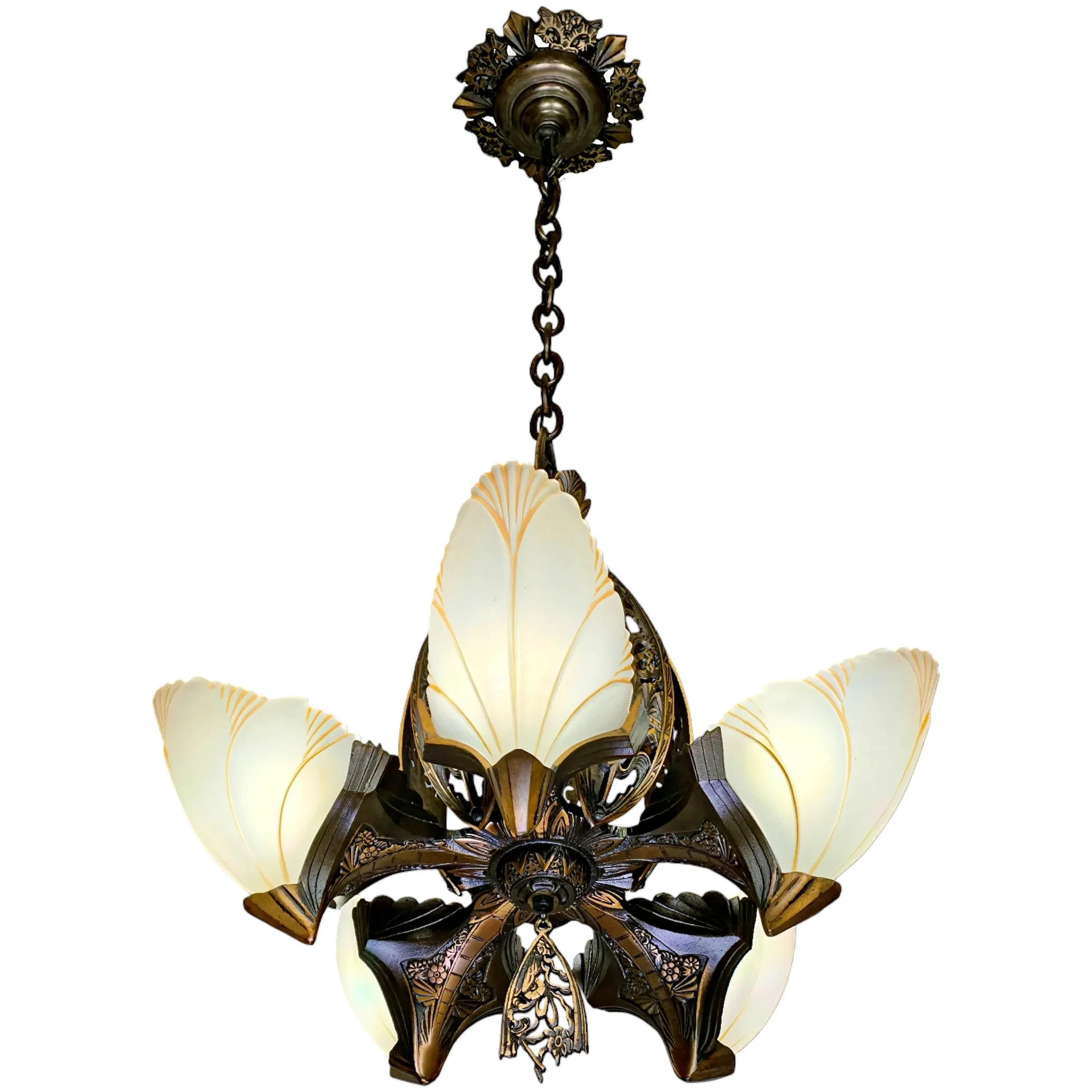 Mid-West 'Bat Wing' Cast Bronze Slip Shade Art Deco 5 Light Fixture