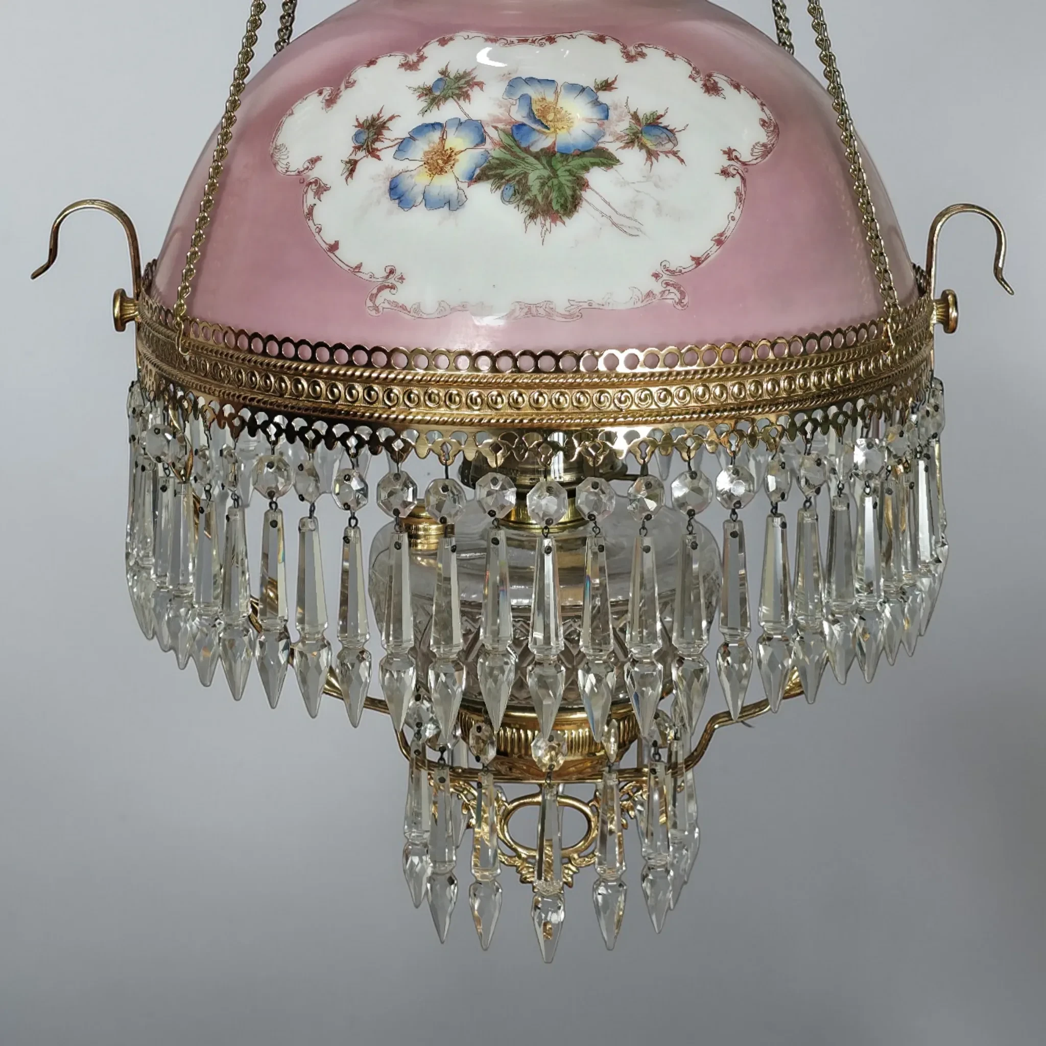 Antique Kerosene Hanging Parlor Lamp - Pink Shaded with Blue Flowers
