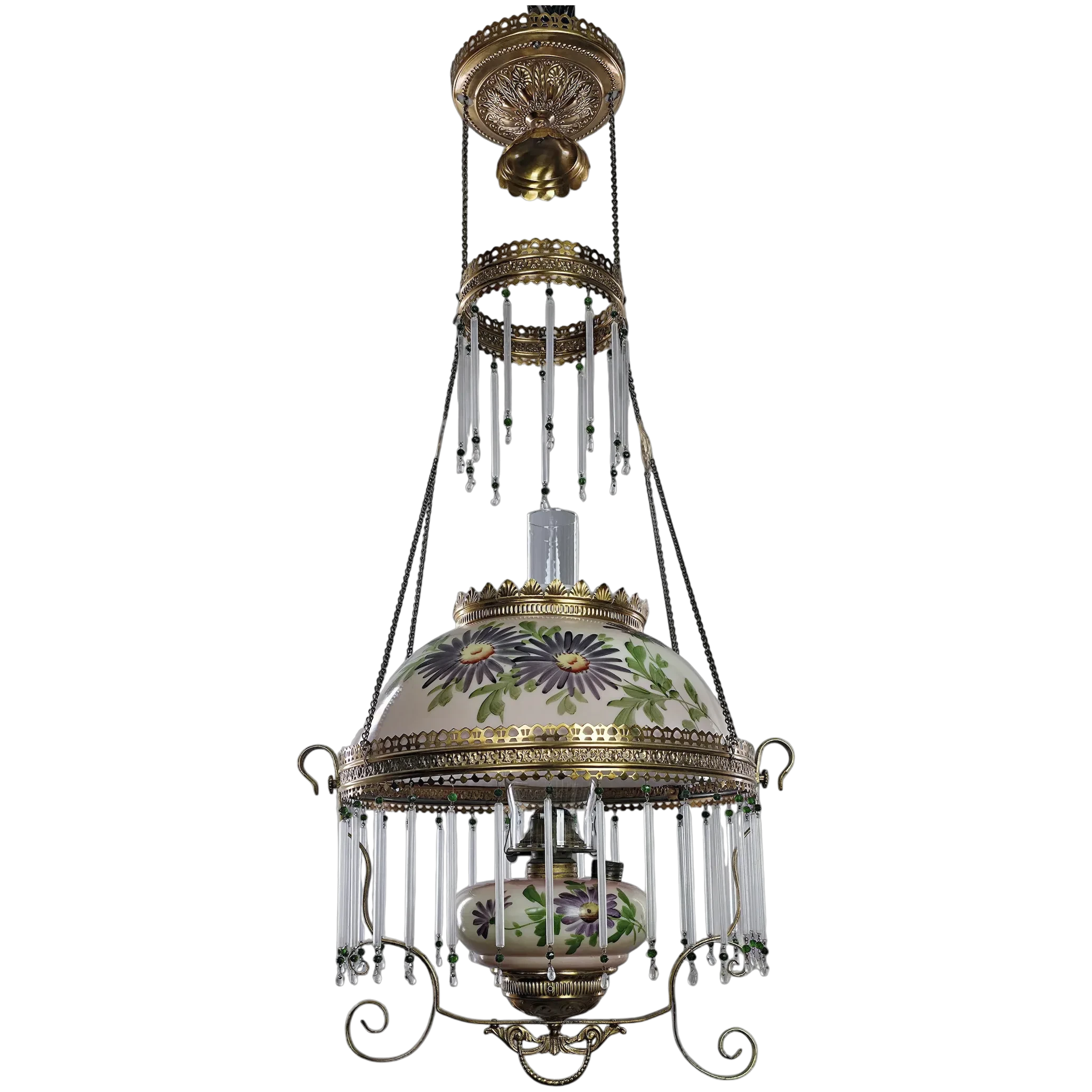 Antique 1890s Hanging Kerosene Parlor /Library Light Lamp - HP Asters Pink/Purple