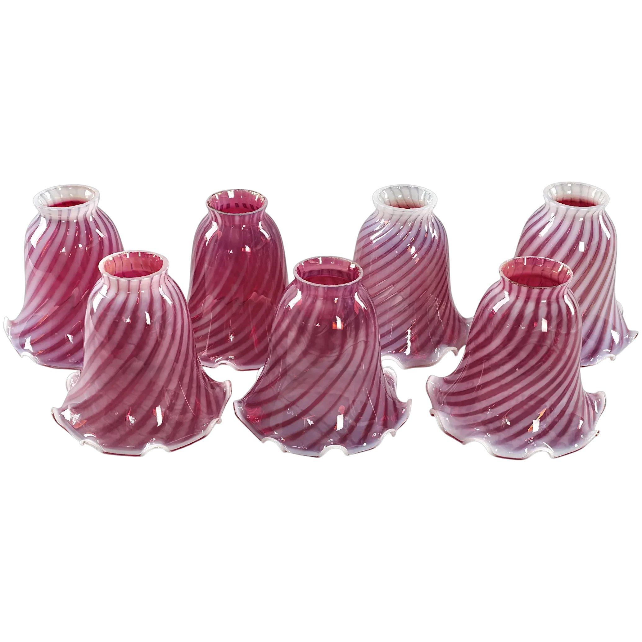 7 Cranberry Opalescent Glass Lamp Shades Swirl Ruffled Edge 2-1/4" Fitter Vintage
