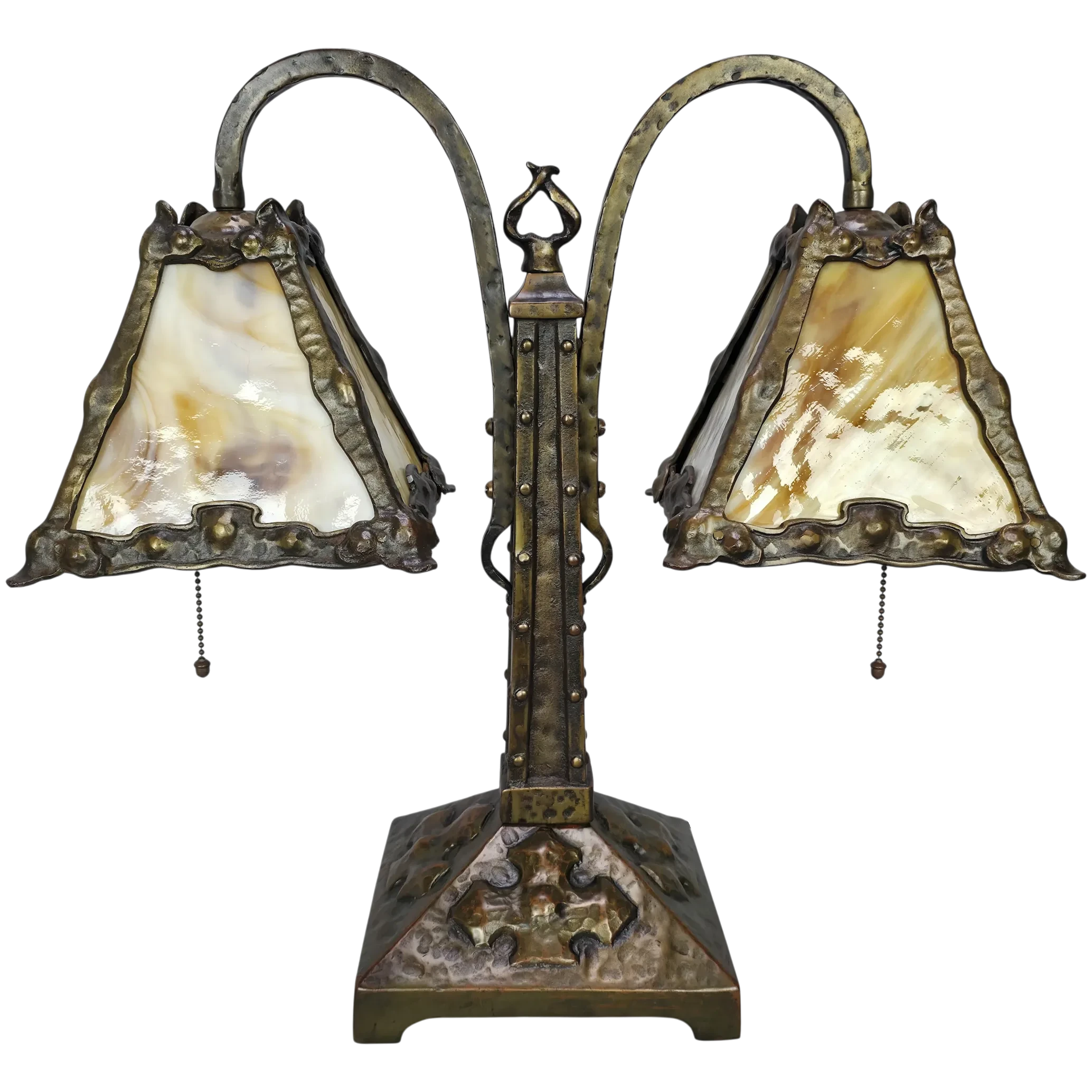 Exceptional Antique Arts & Crafts Double Student Desk Lamp - Slag Glass