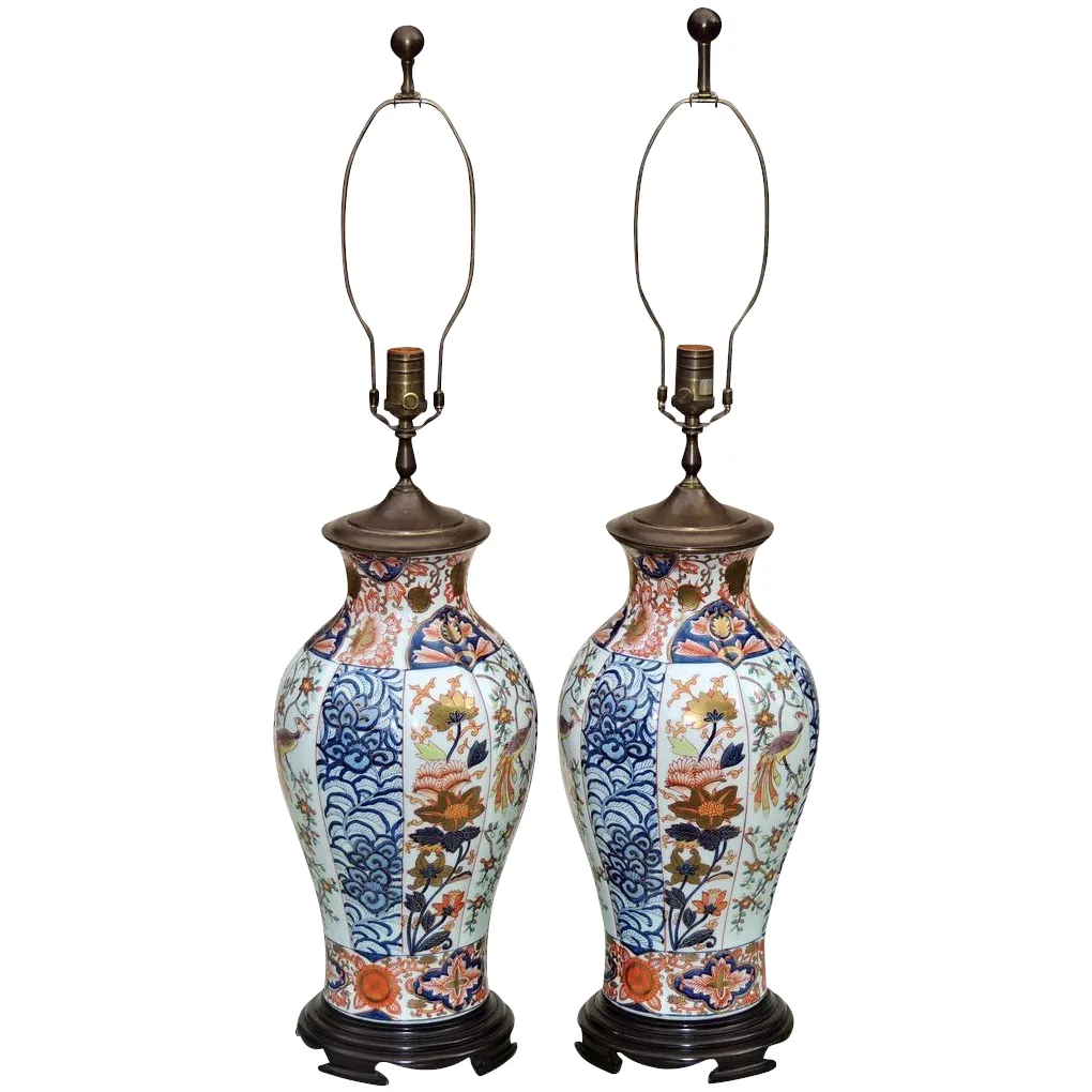 Pair Large Vintage Imari Vase Form Lamps by Wildwood with Birds and Florals